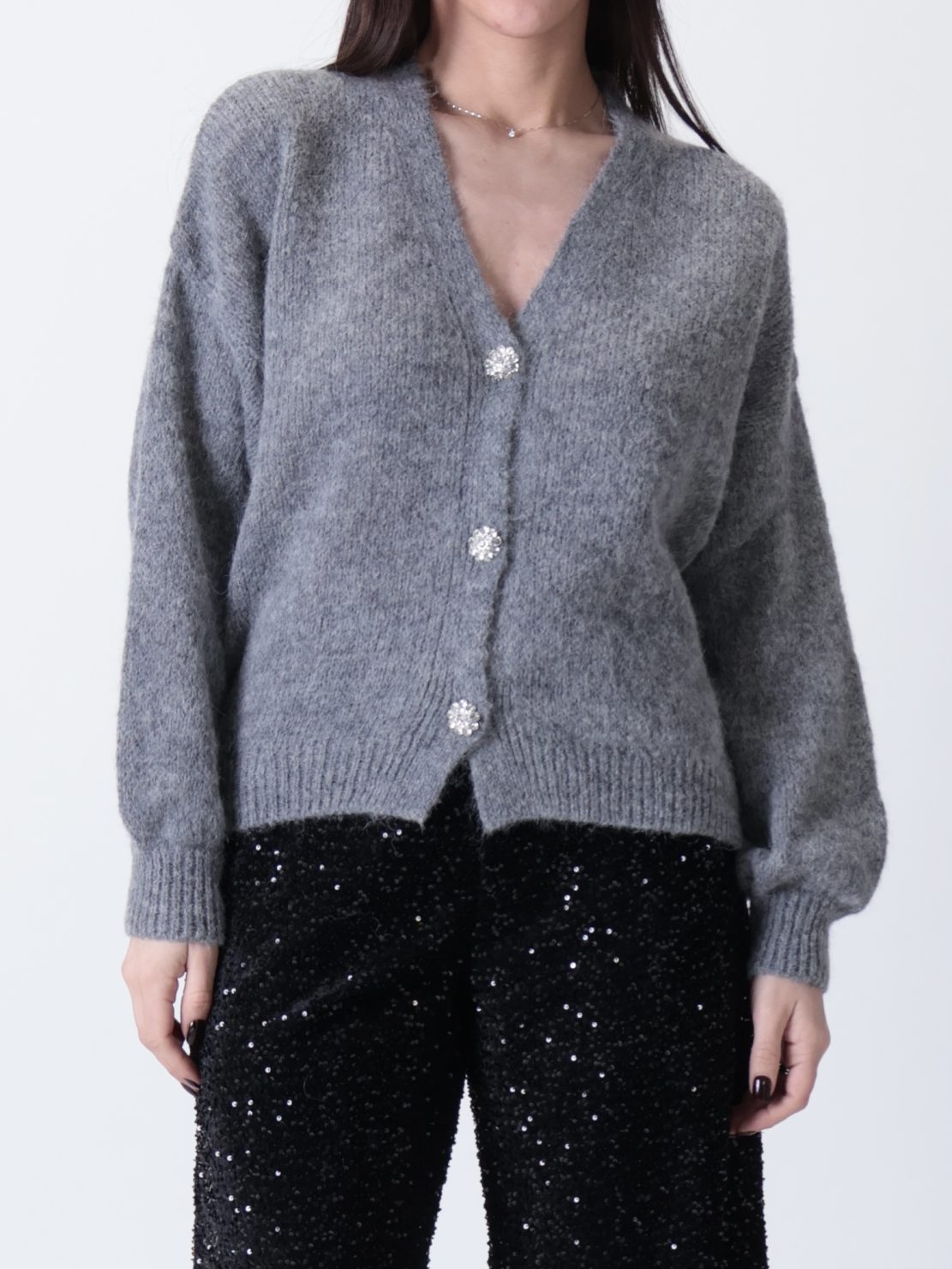 Cardigan bottoni gioiello fiore grigio PREORDINE 12/12