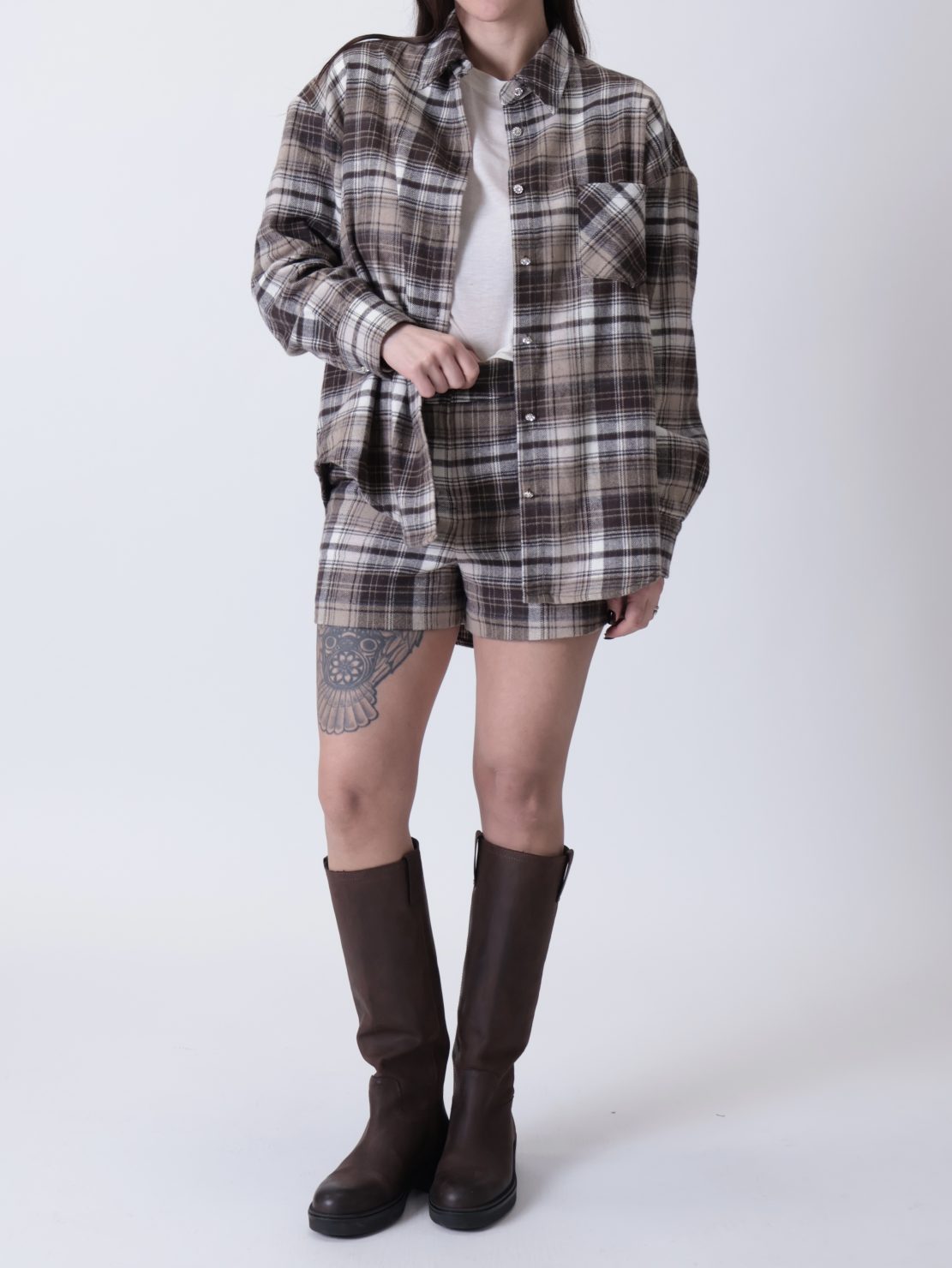 Camicia quadro bottone gioiello beige