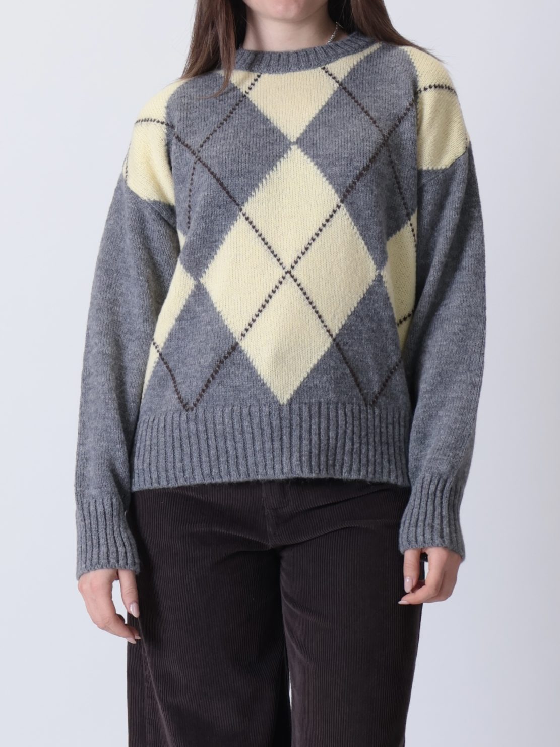 Maglione intarsio rombi grigio/giallo