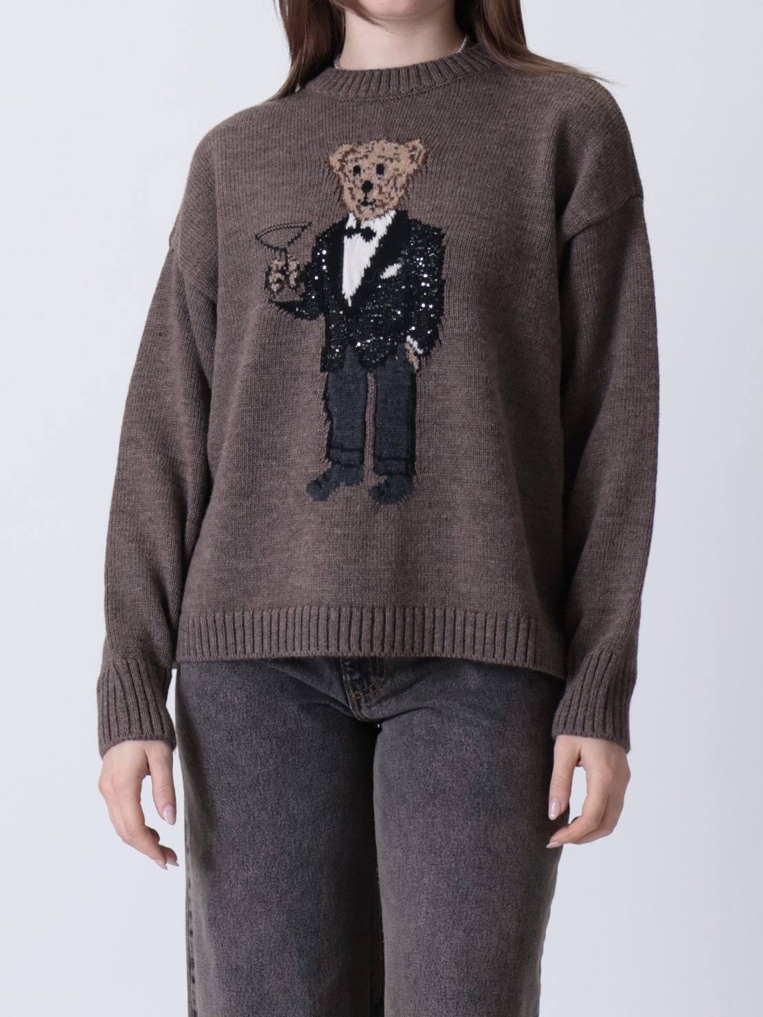 Maglione orsetto paillettes fango