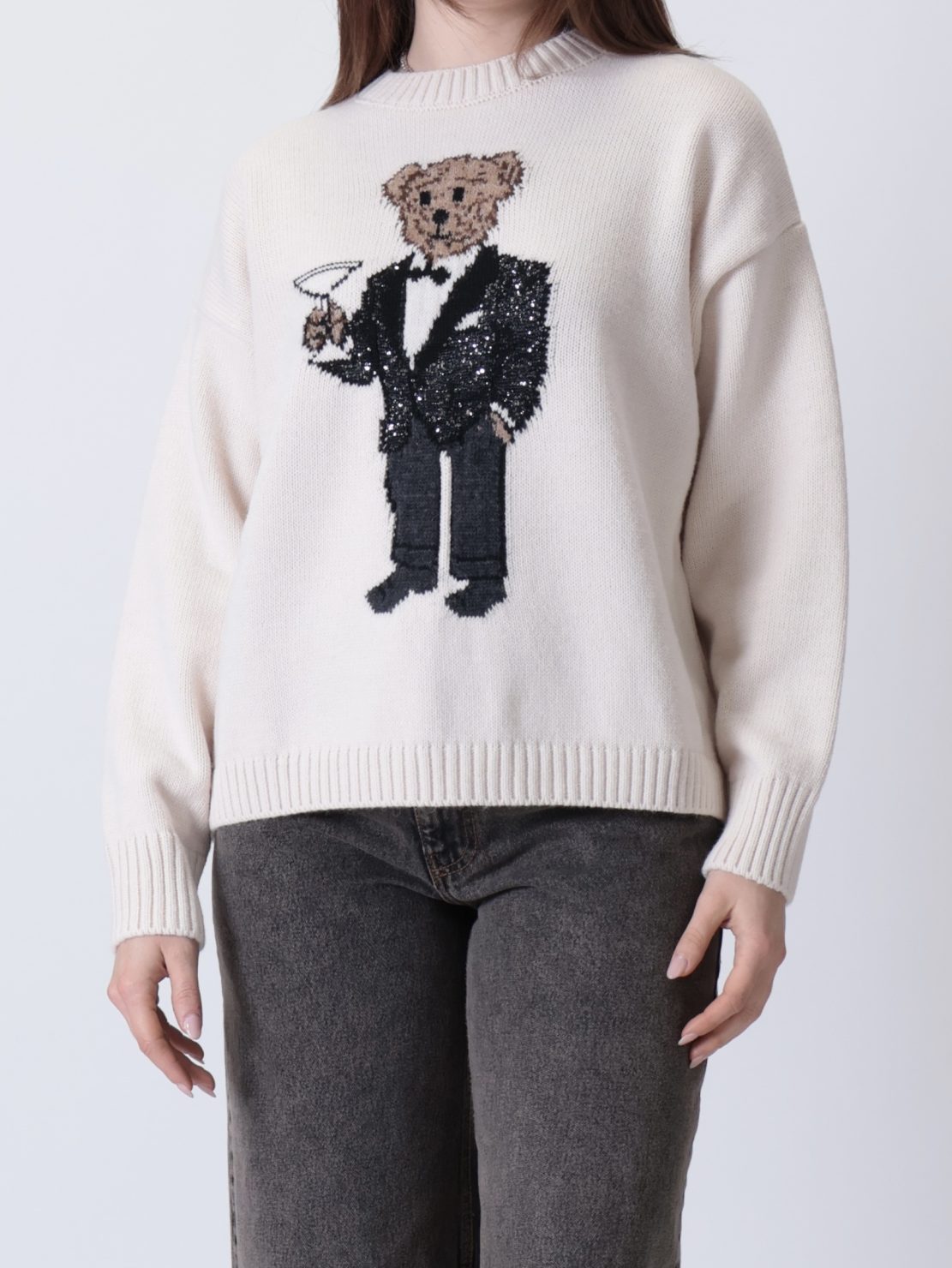 Maglione orsetto paillettes panna