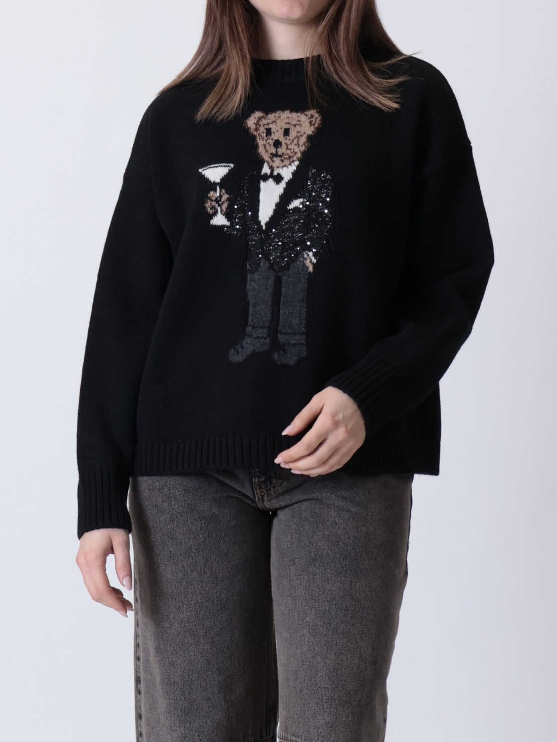 Maglione orsetto paillettes nero