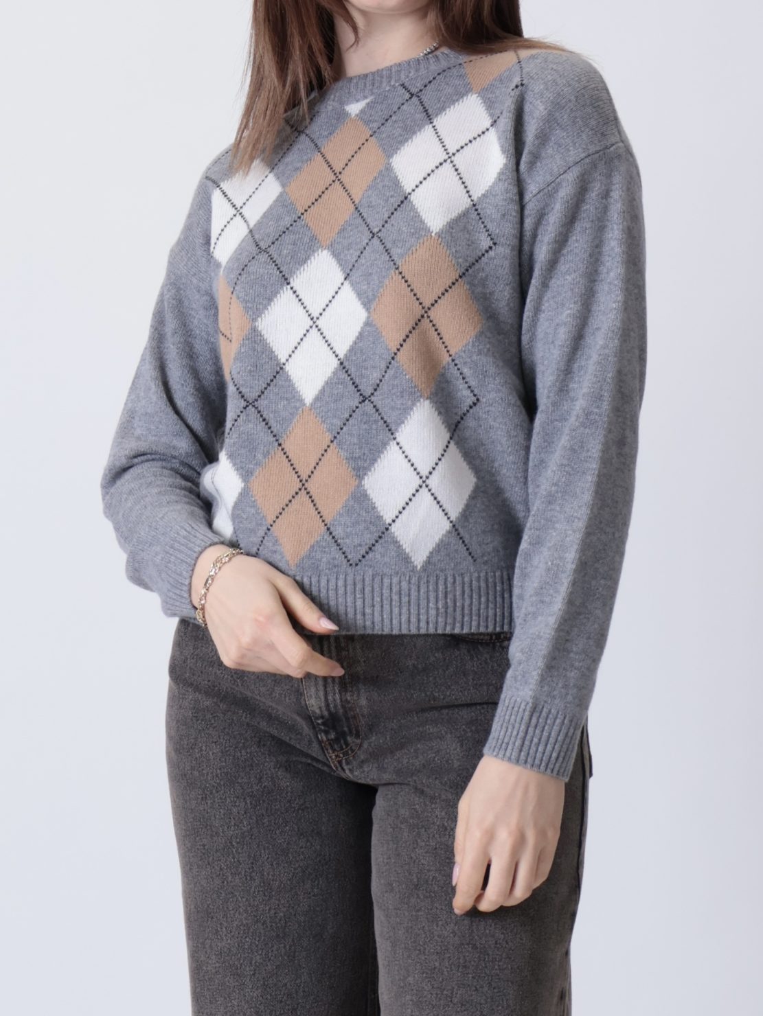 Maglione rombi grigio/panna/cammello