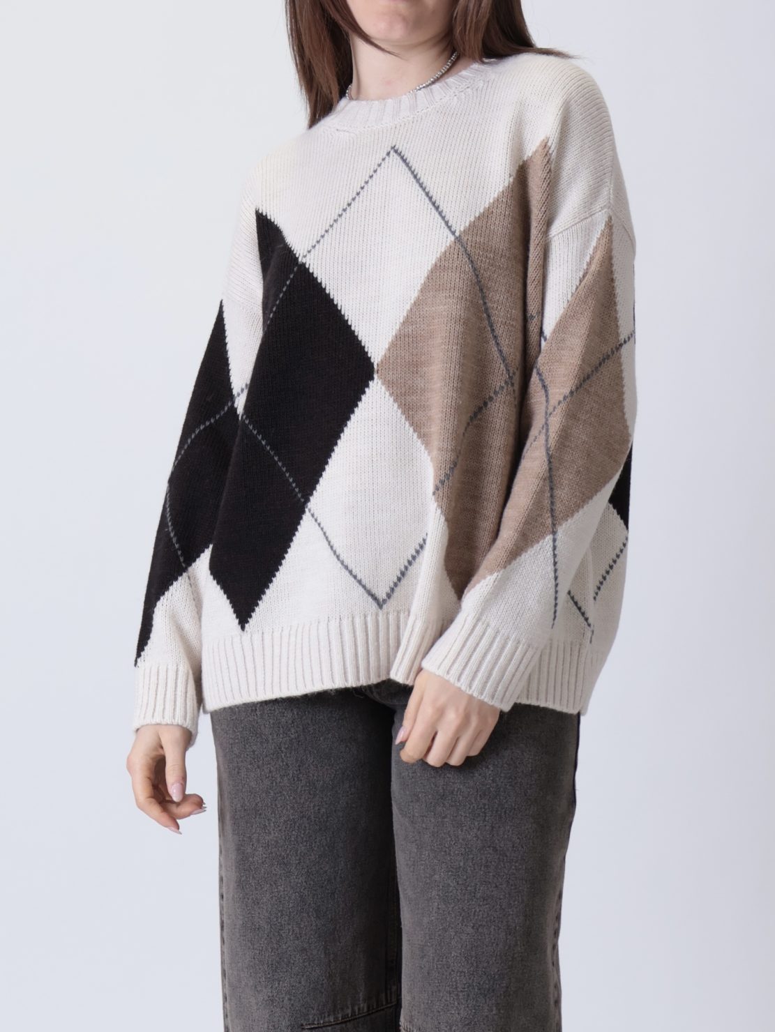 Maglione rombi ecru/moro/cammello