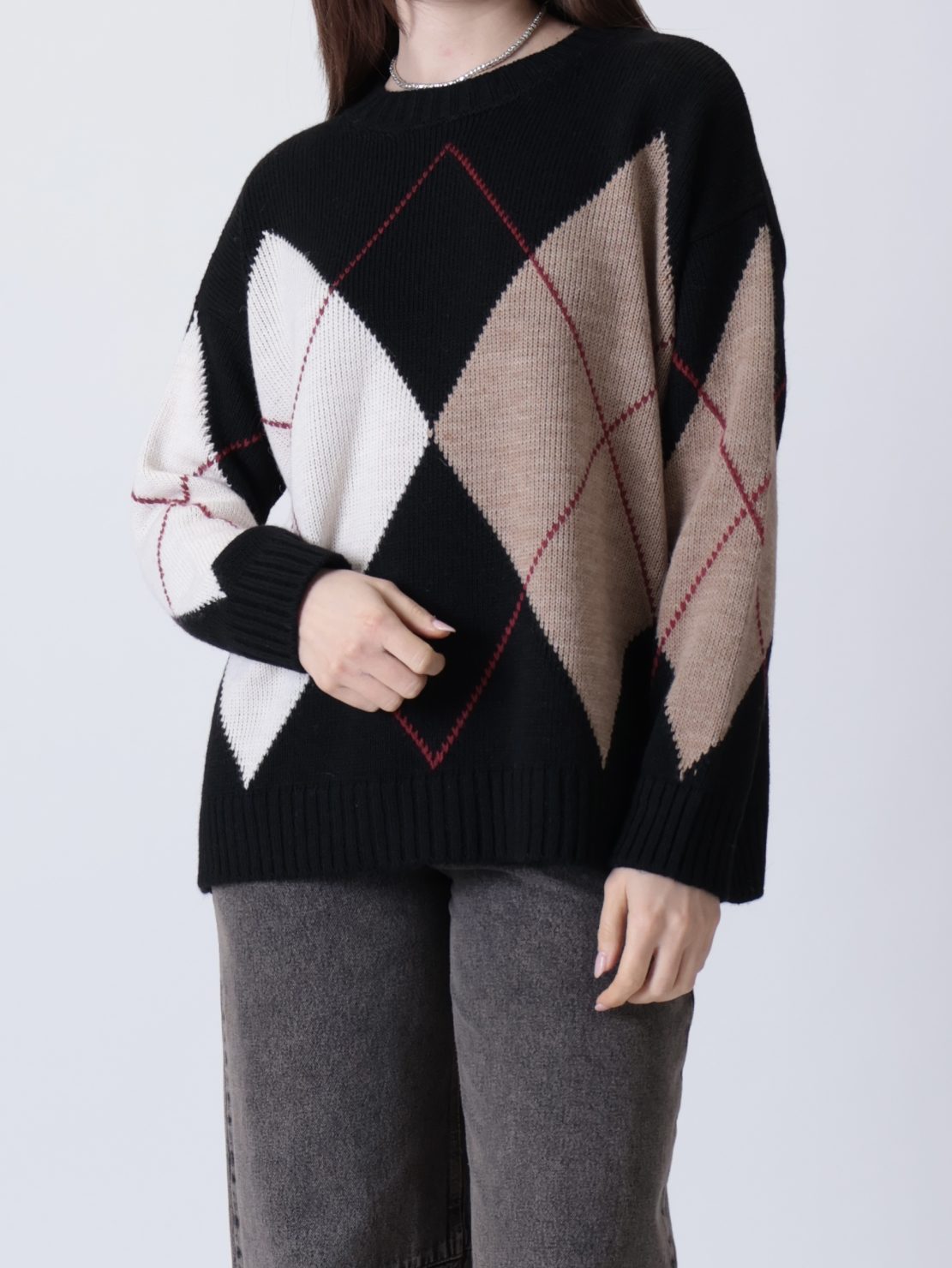 Maglione rombi nero/ecru/cammello