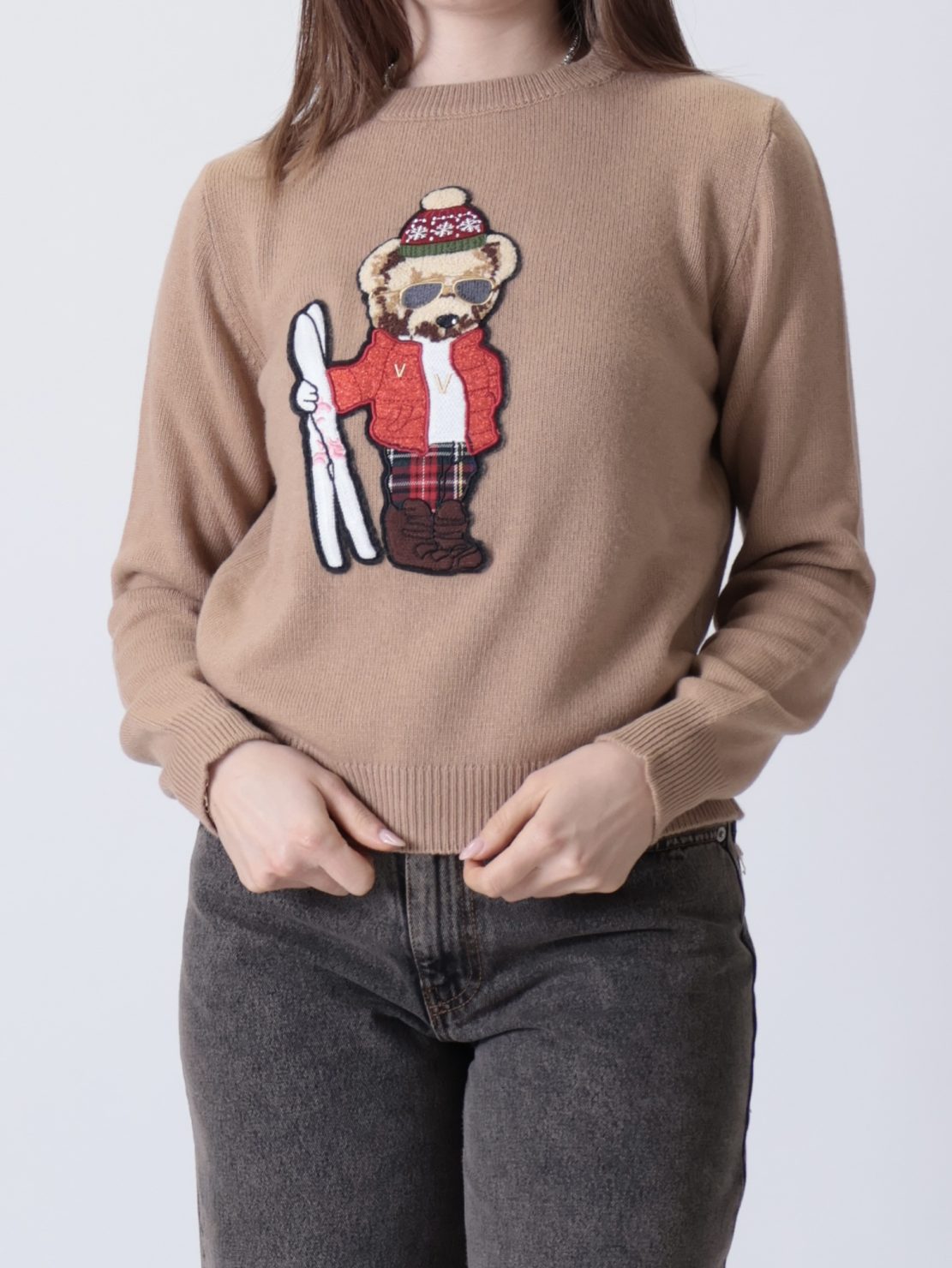 Maglione orsetto scii cammello