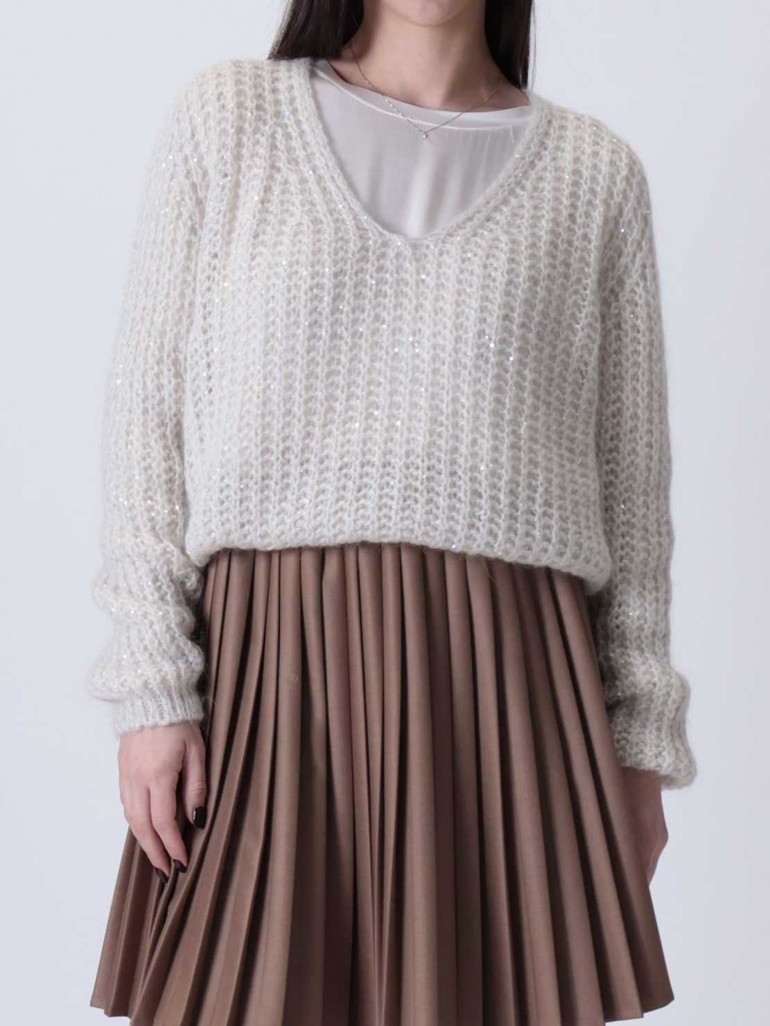 Maglione scollo V paillettes panna