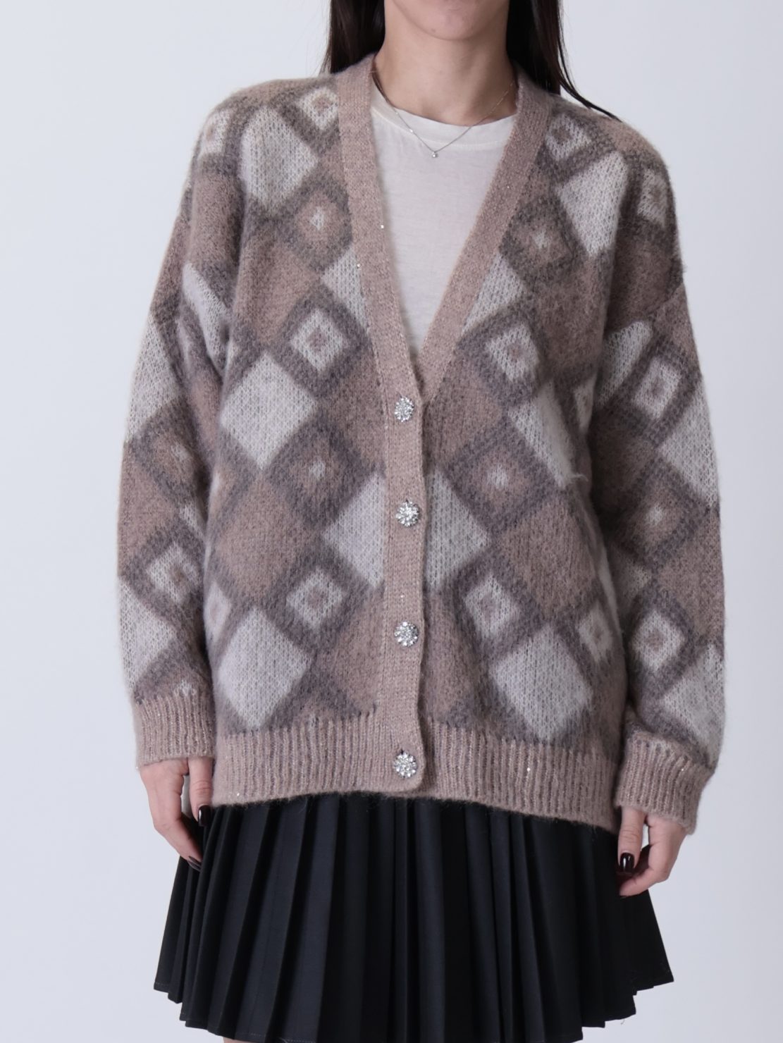 Cardigan quadri  bottoni gioiello tabacco/ecru