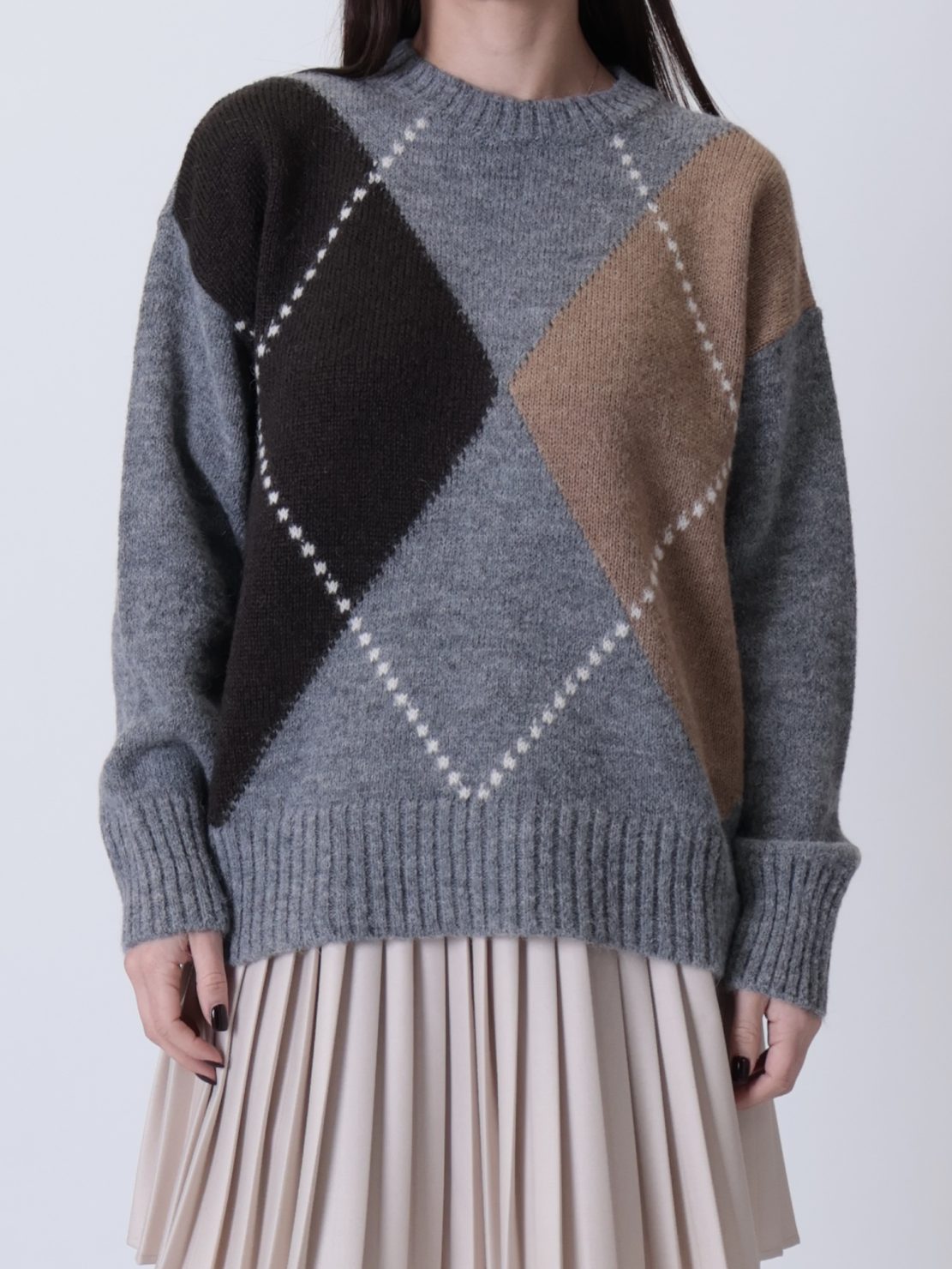 Maglione intarsio rombi grigio/moro/cammello