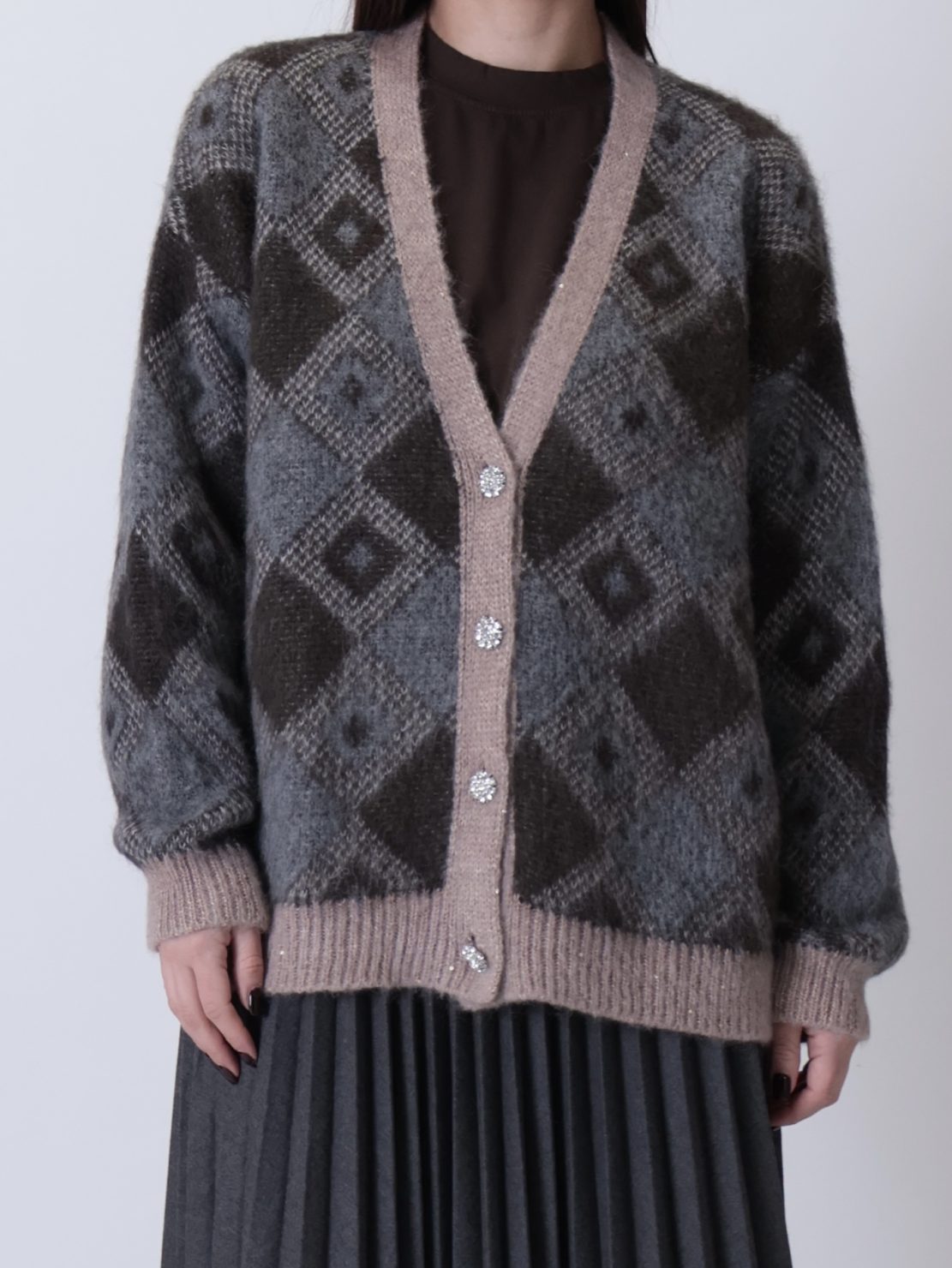 Cardigan quadri  bottoni gioiello grigio/ecru