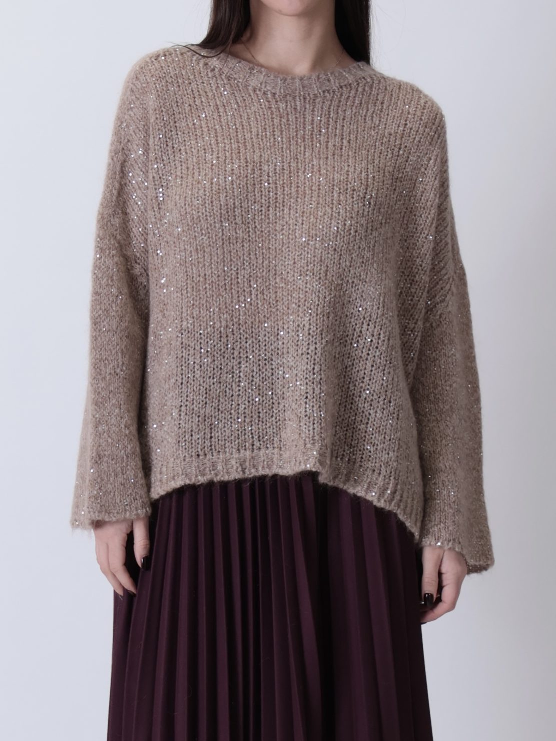 Maglione oblò retro paillettes beige