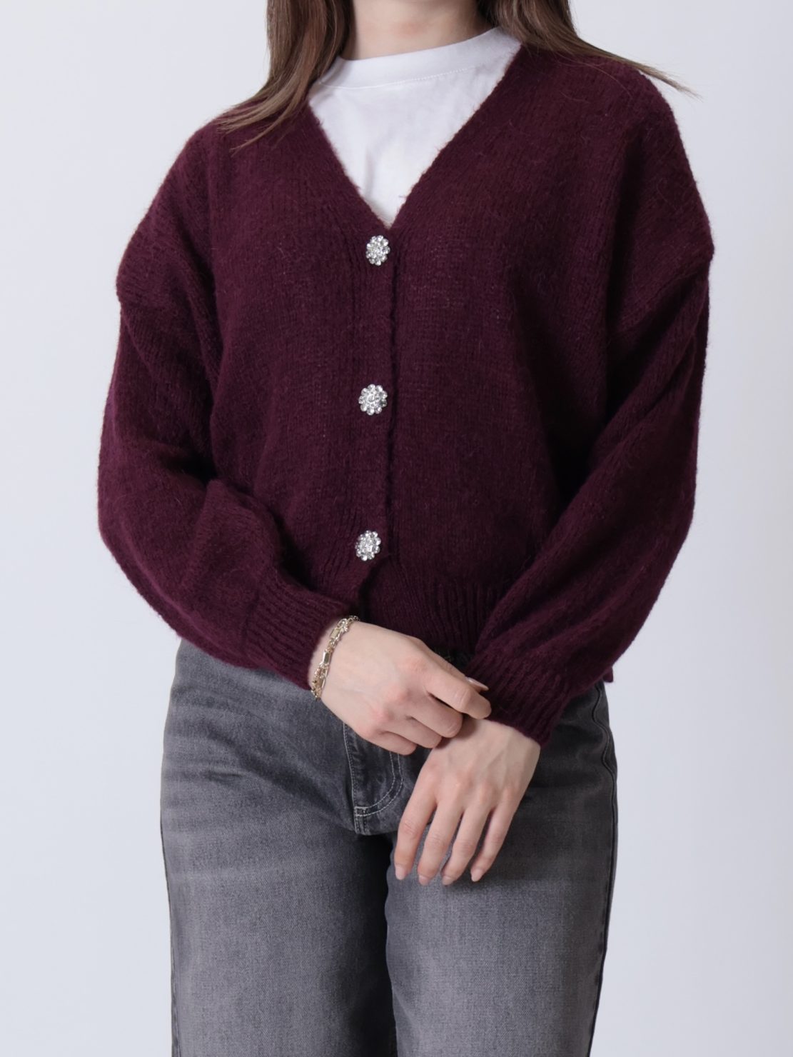 Cardigan bottoni gioiello fiore bordeaux