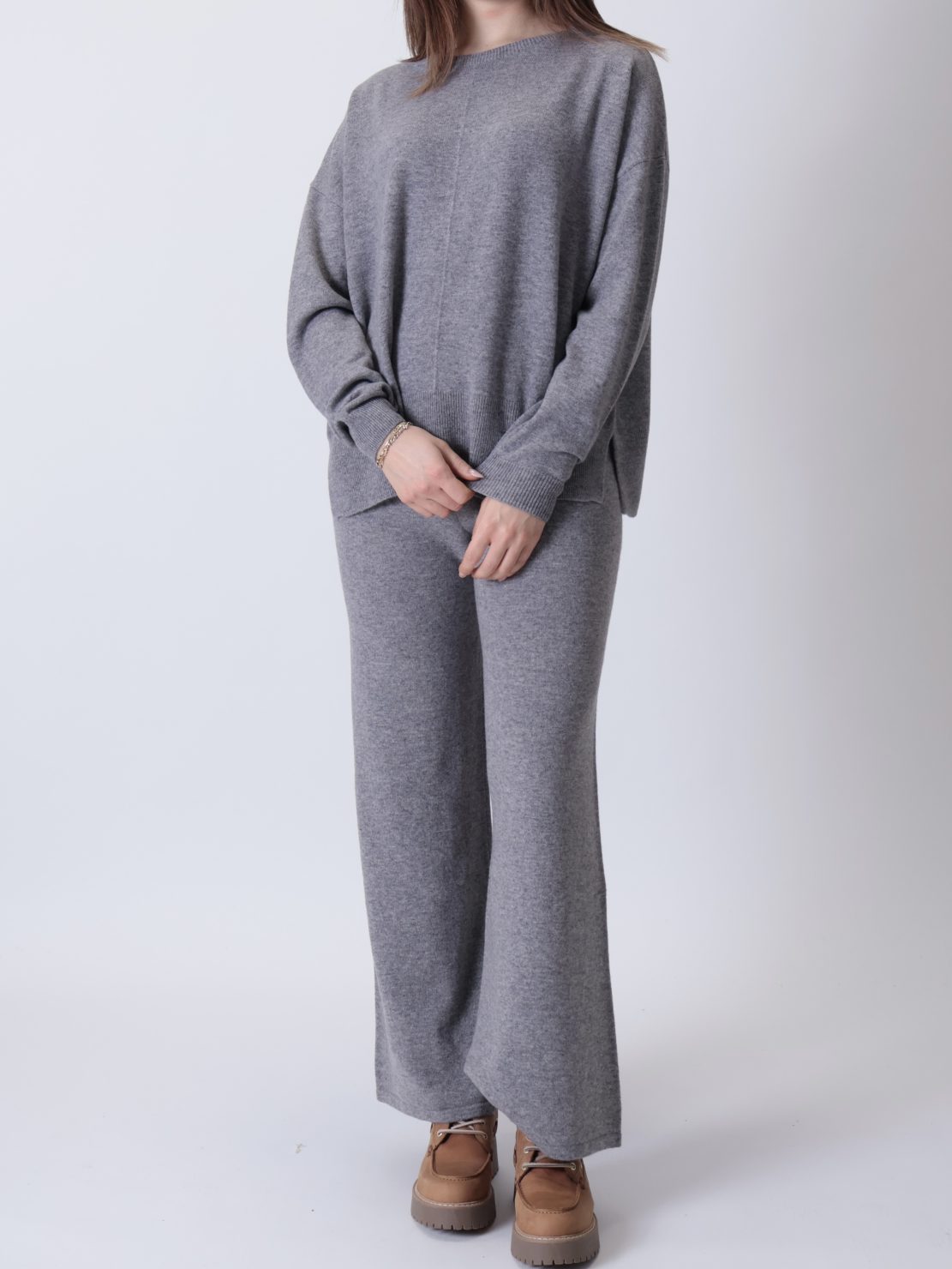 Maglione scollo barca cucitura 100% lana grigio