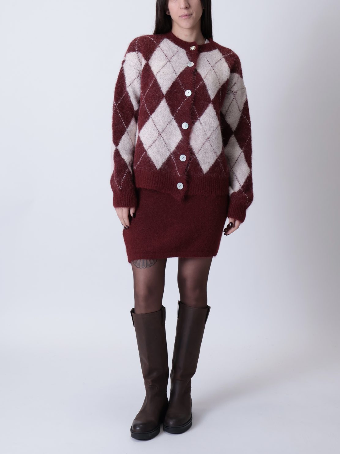 Completo cardigan rombi + gonna  bordeaux