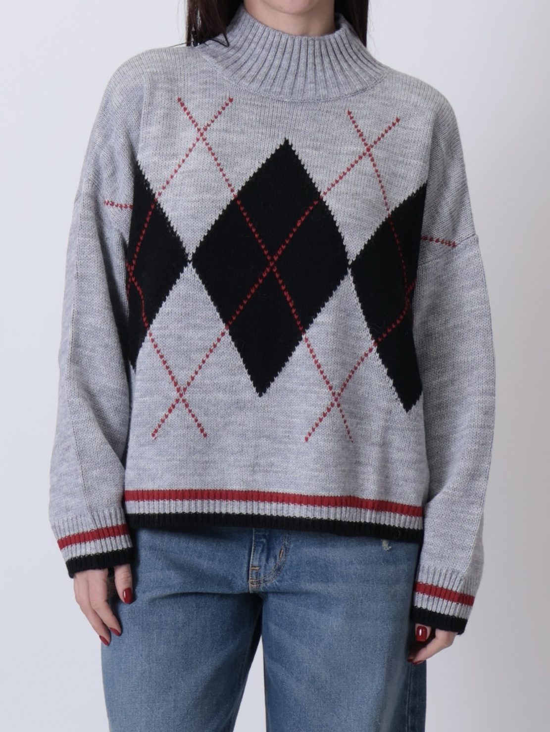 Maglione rombi collo cratere grigio/nero