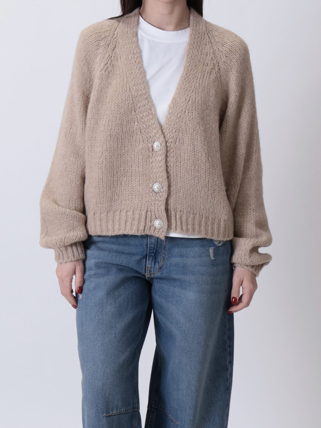 Cardigan bottoni gioiello cammello