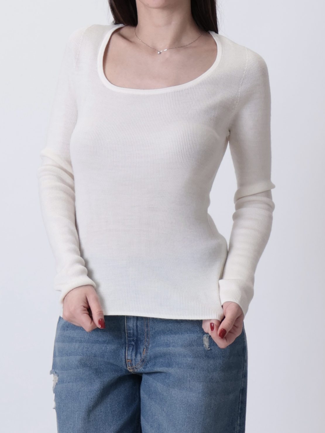 Maglia scollo madonna lana merino panna