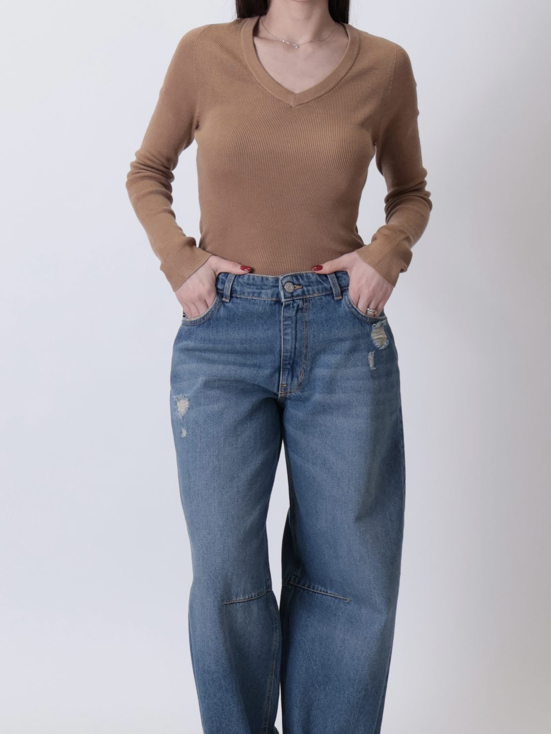 Maglia scollo V lana merino cammello