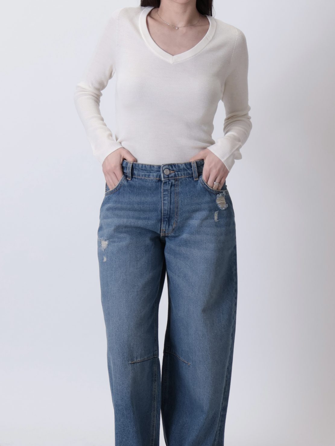 Maglia scollo V lana merino panna