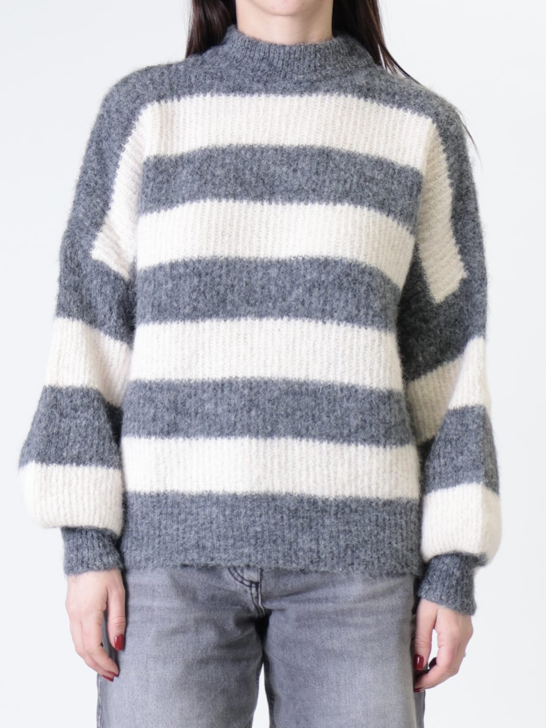 Maglione collo cratere righe grigio/panna