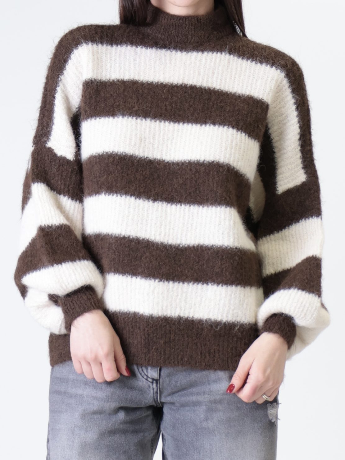 Maglione collo cratere righe moro/panna