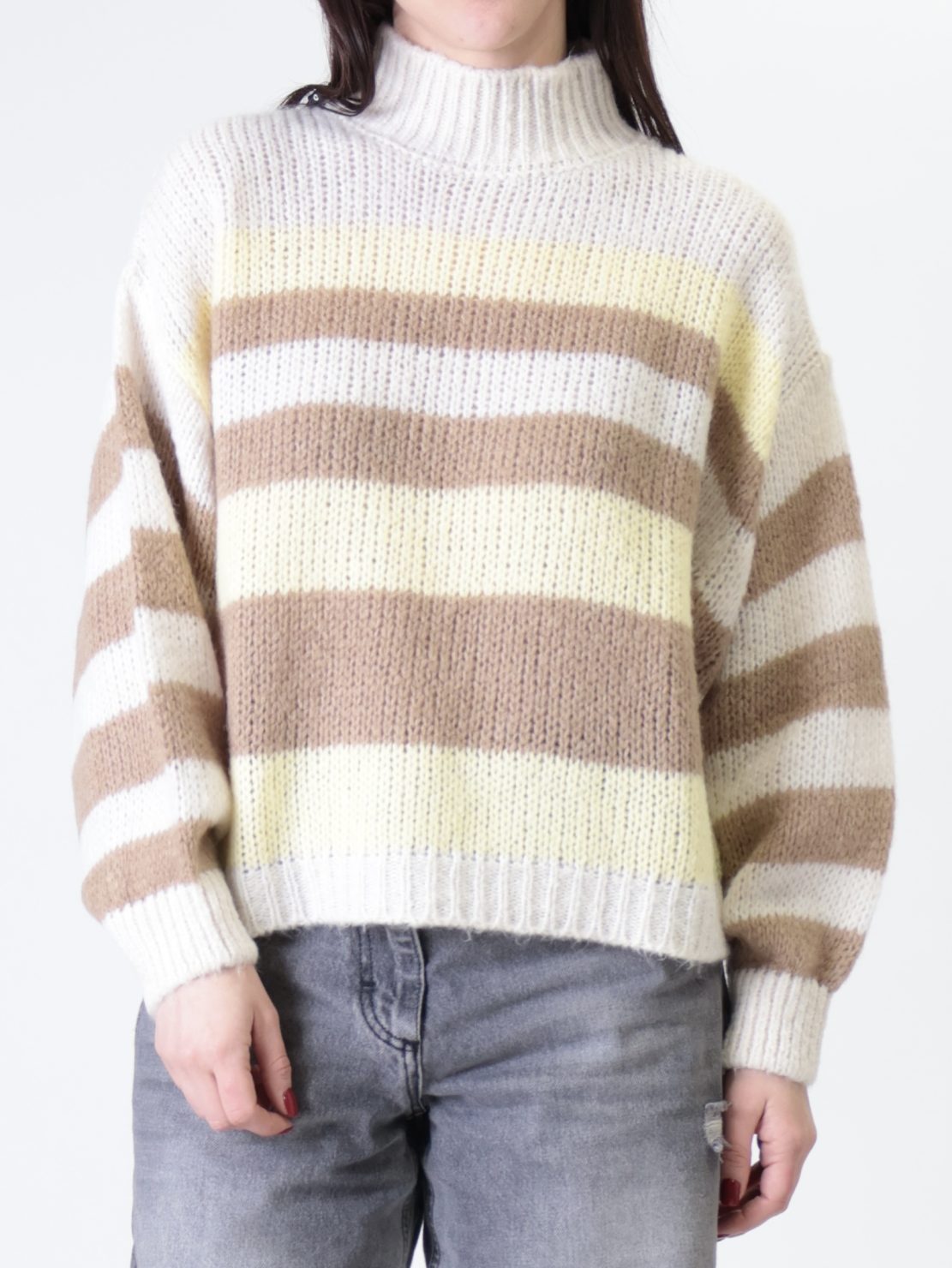 Maglione collo cratere rigato panna/giallo/cammello
