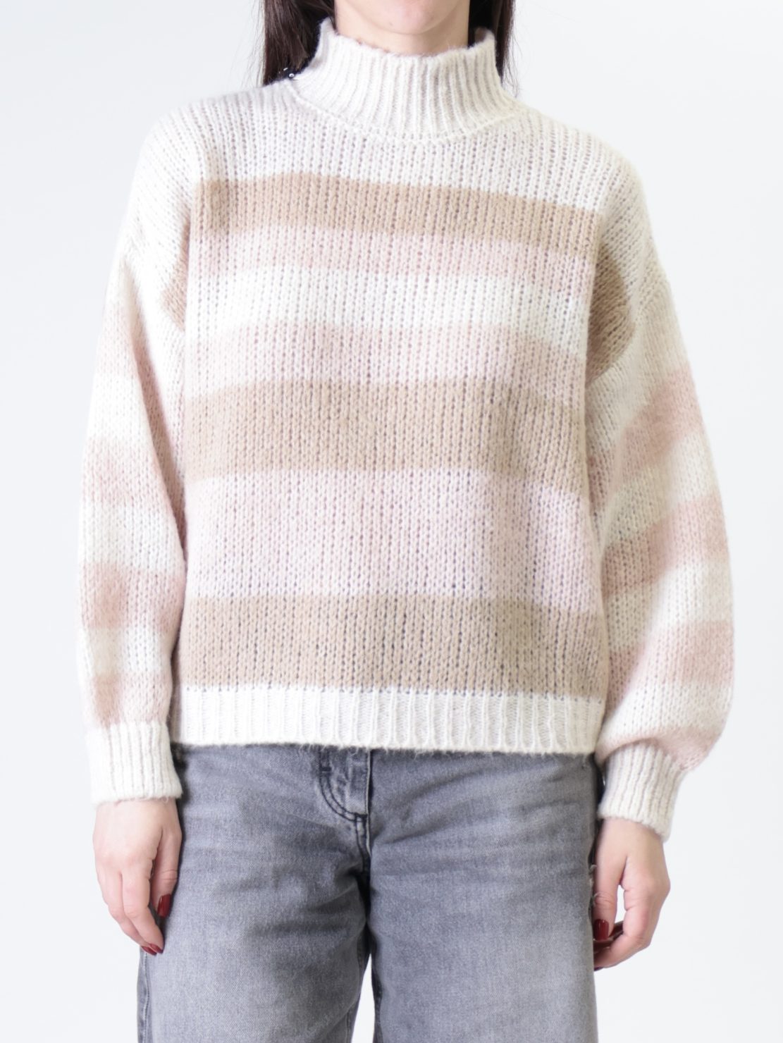 Maglione collo cratere rigato panna/beige/rosa