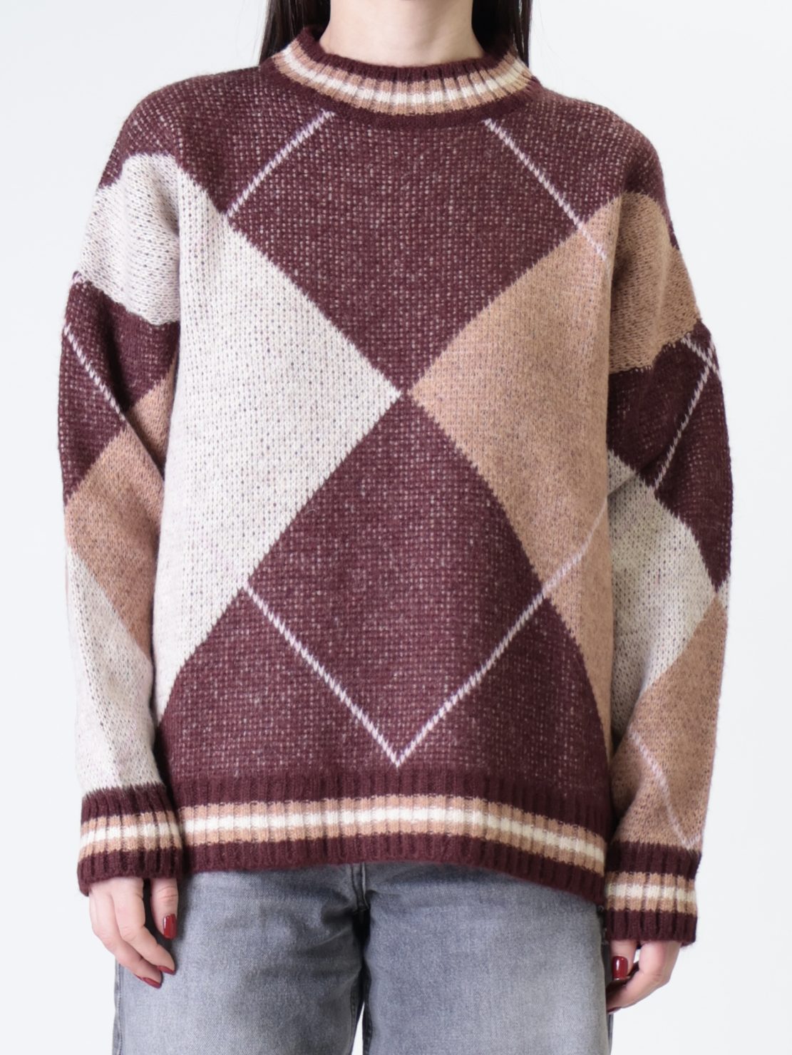 Pullover rombi bordeaux/cammello