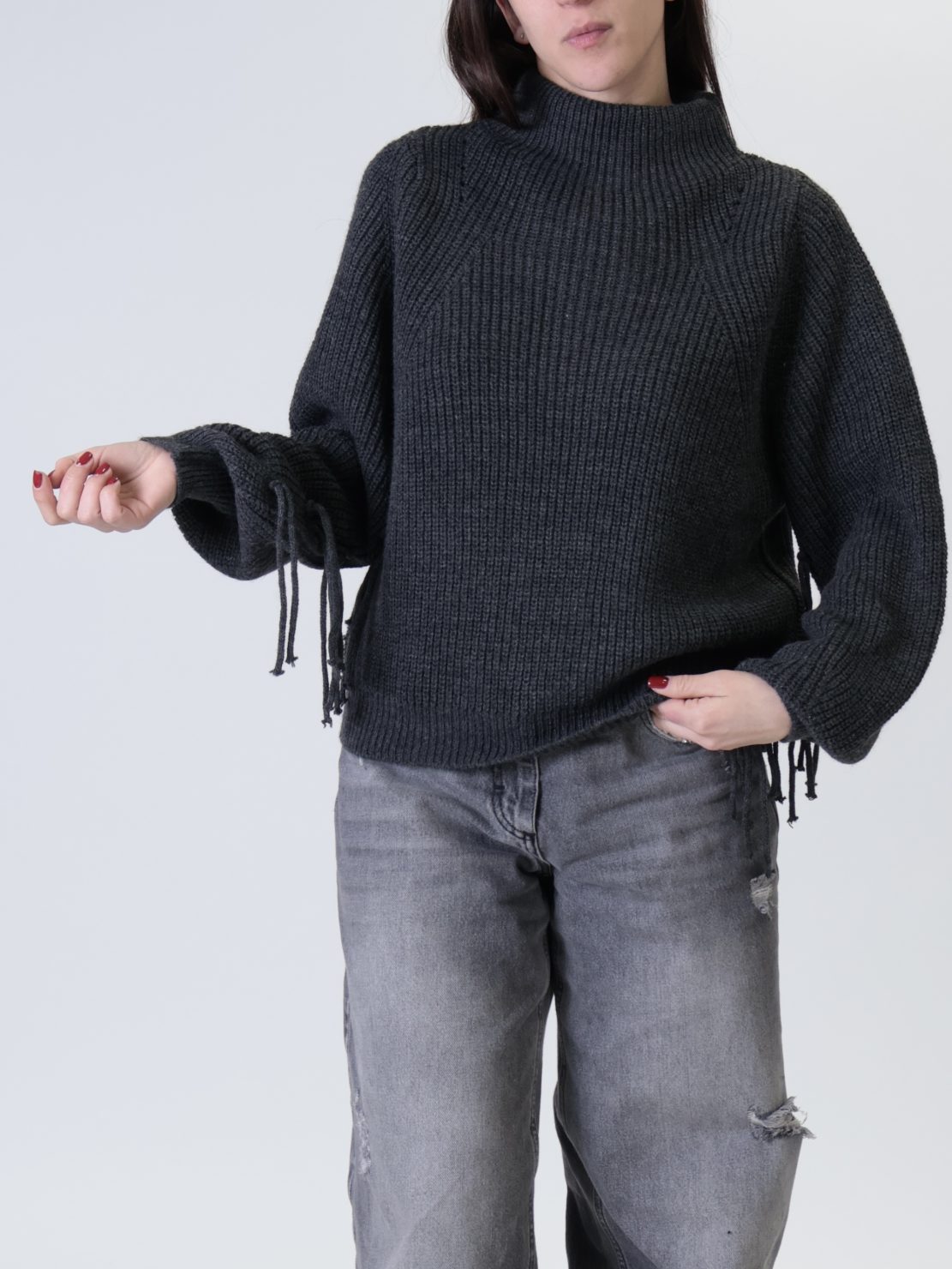 Maglione manica frange antracite