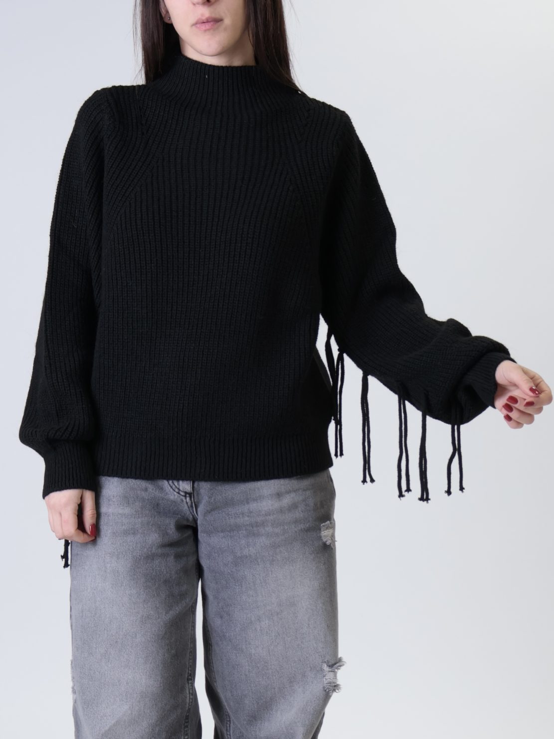 Maglione manica frange nero