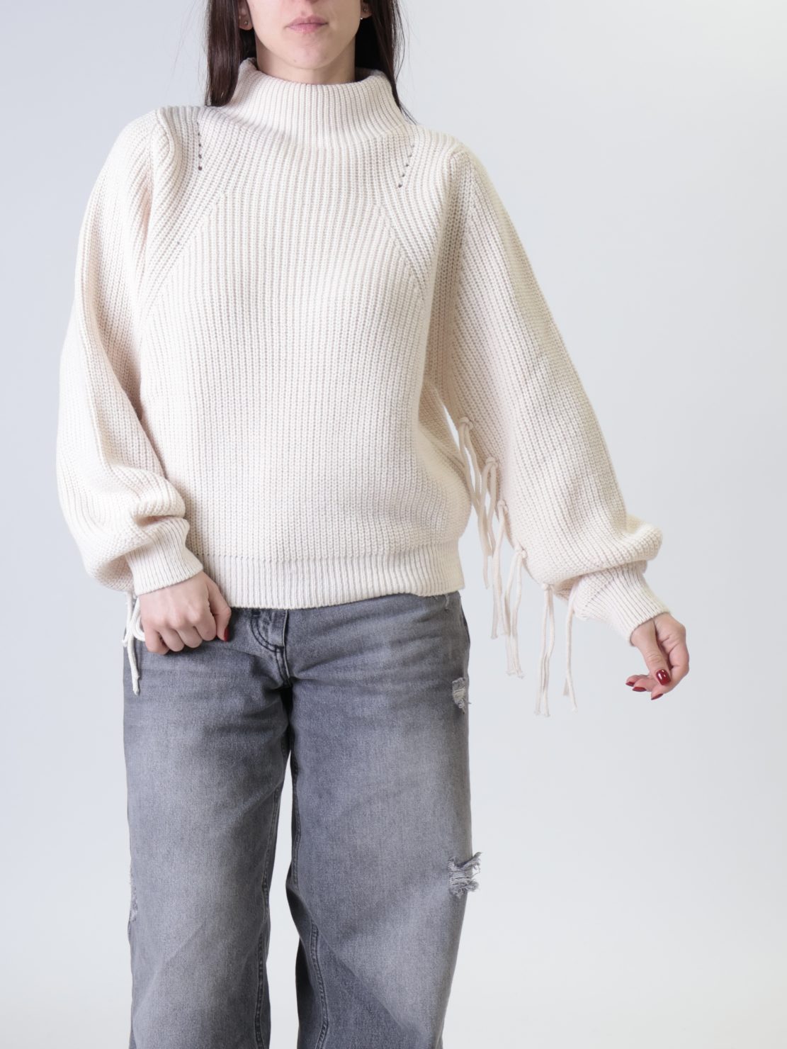 Maglione manica frange panna