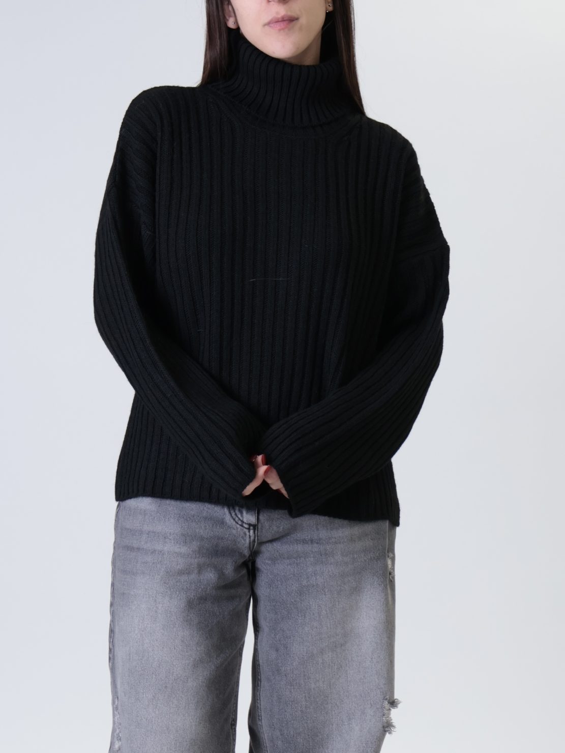 Maglione collo alto costa inglese nero