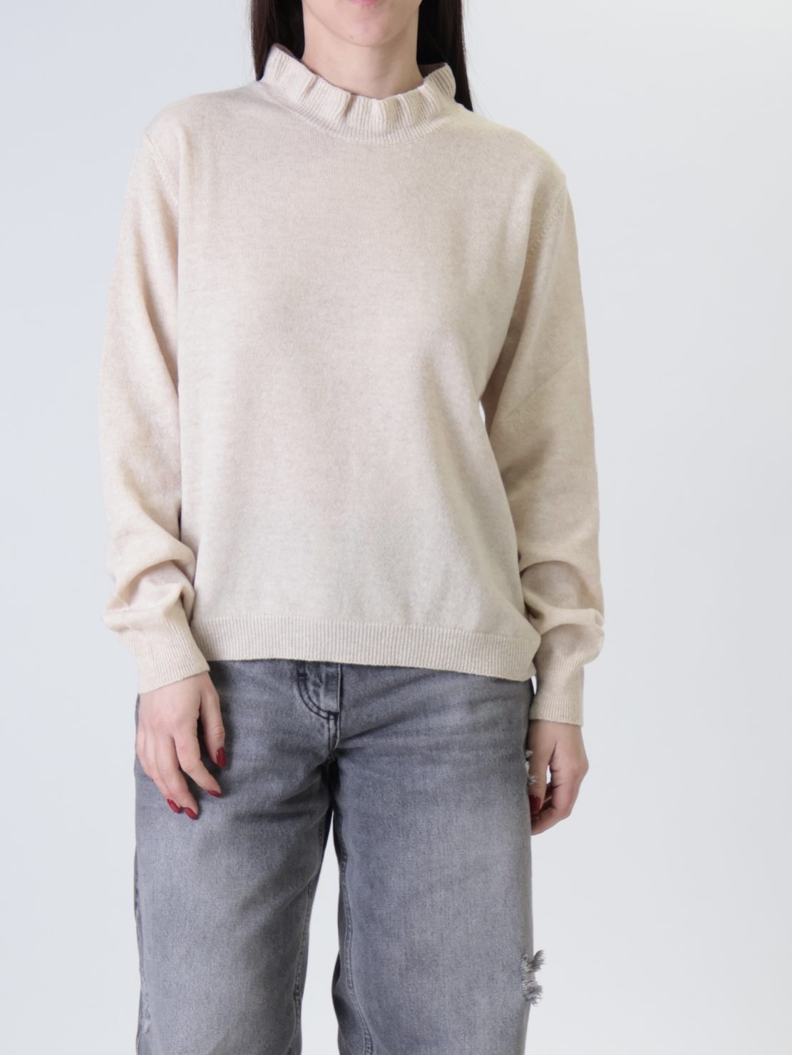 Pullover 80% lana collo rouches beige