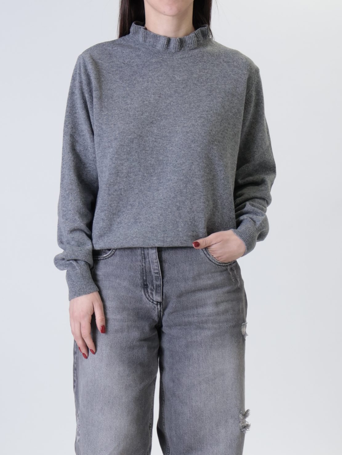 Pullover 80% lana collo rouches grigio