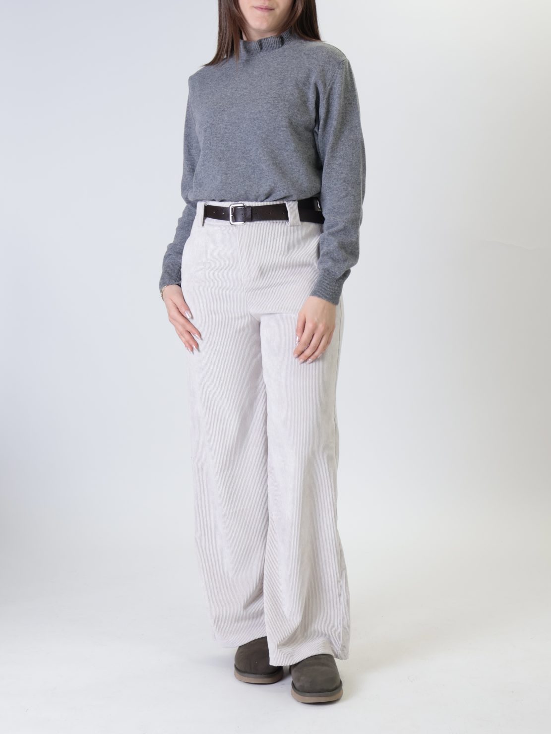 Pantalone velluto cintura panna