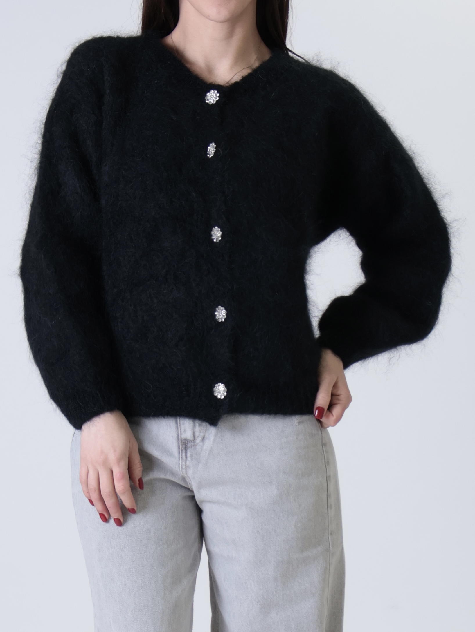 Cardigan mohair bottoni gioiello nero