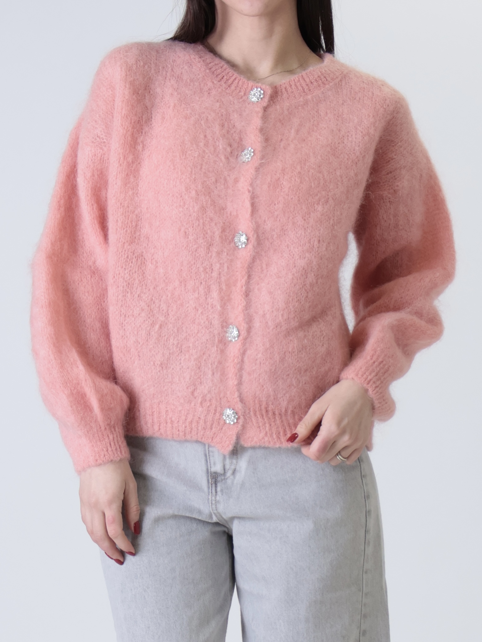 Cardigan mohair bottoni gioiello rosa