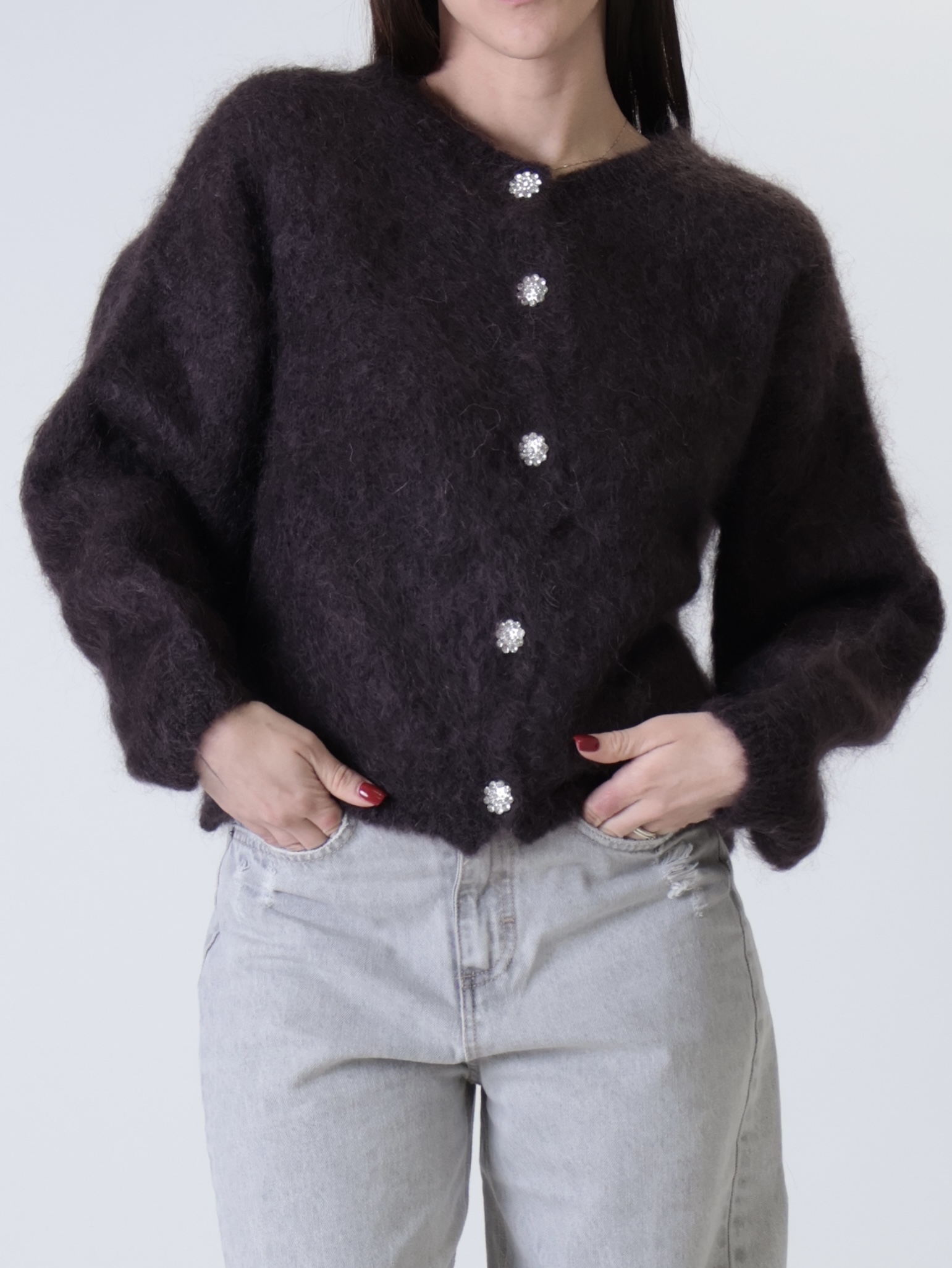 Cardigan mohair bottoni gioiello melanzana