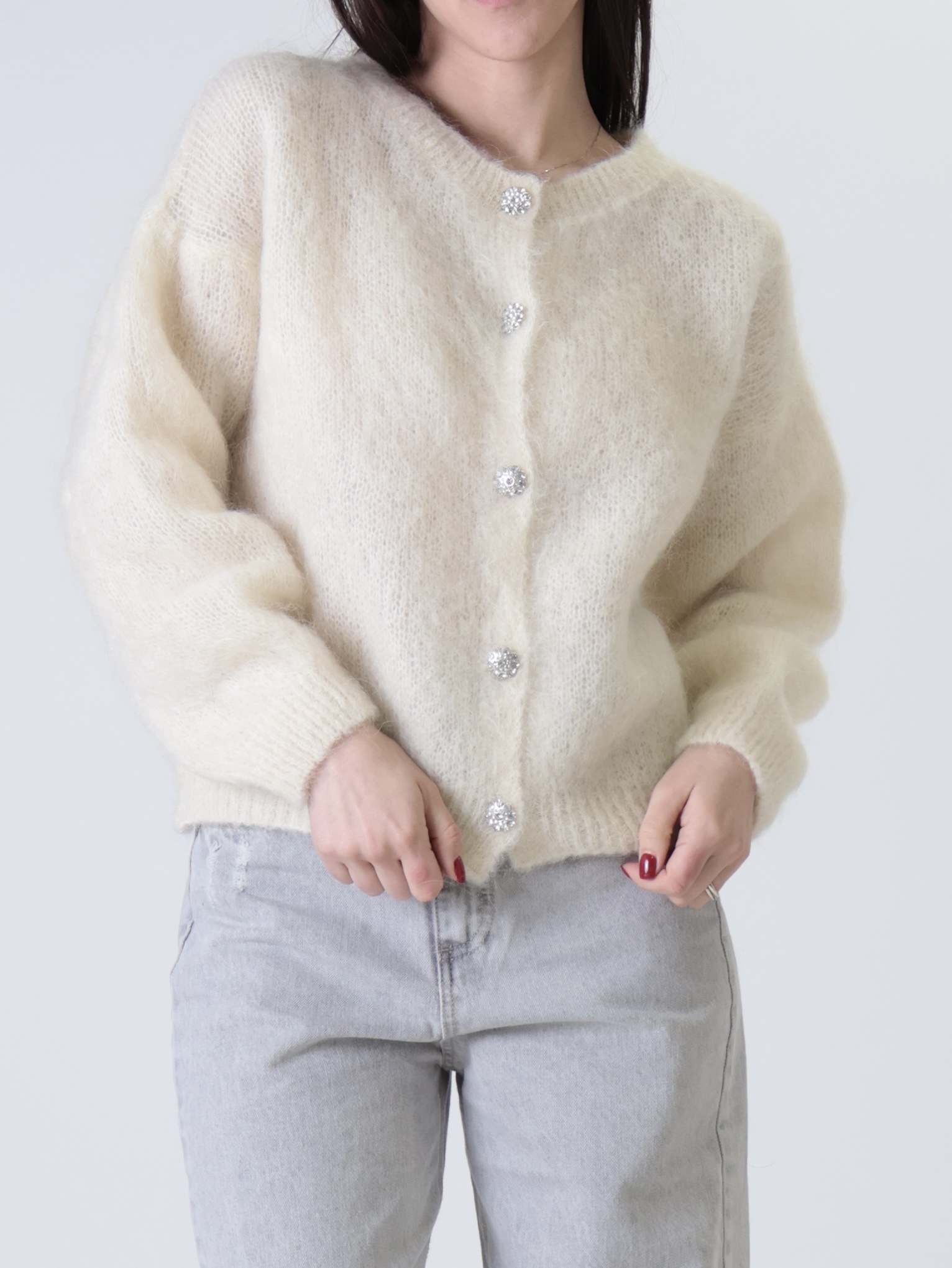Cardigan mohair bottoni gioiello burro