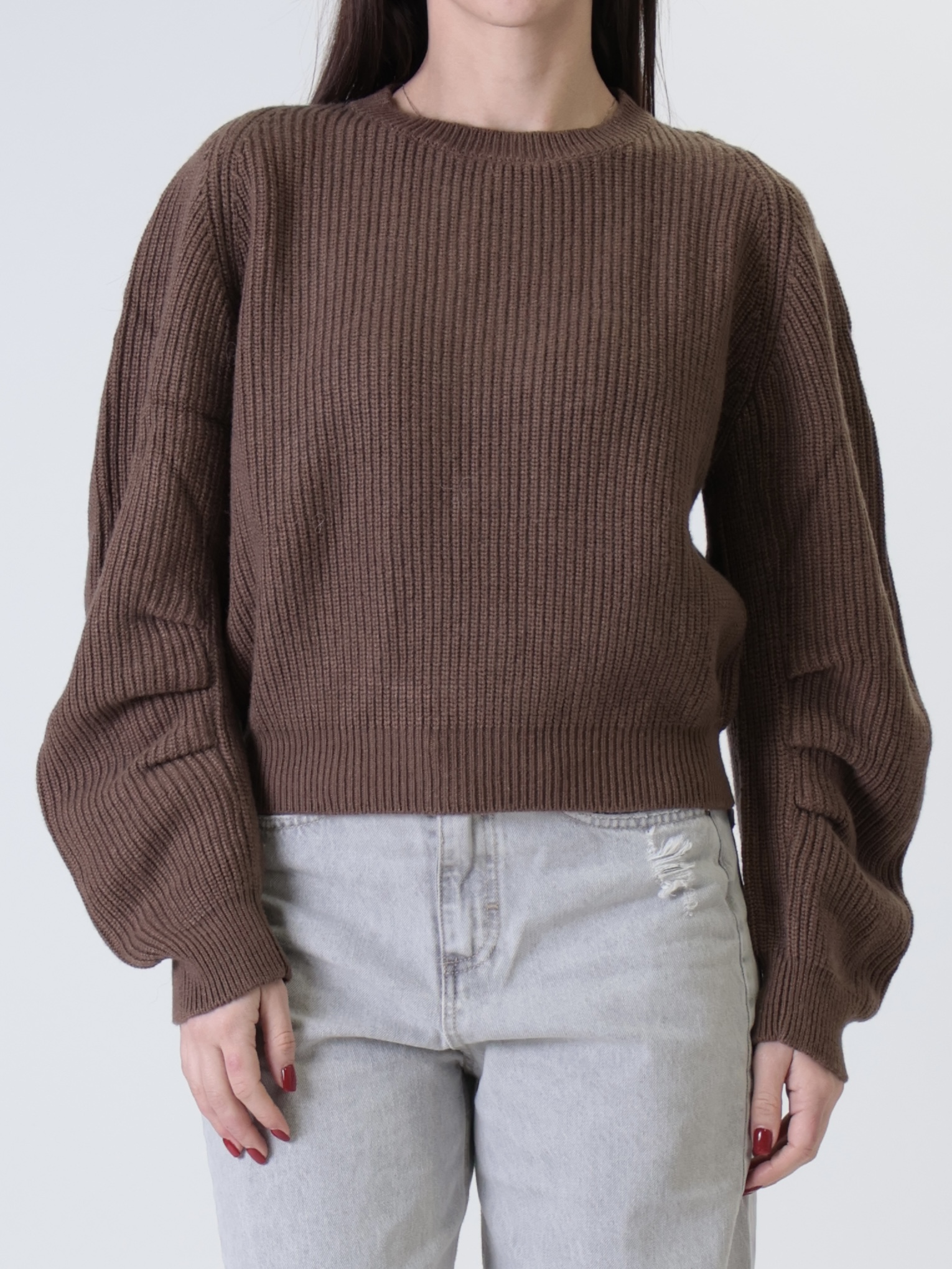 Pullover costina manica pizzicata cioccolato