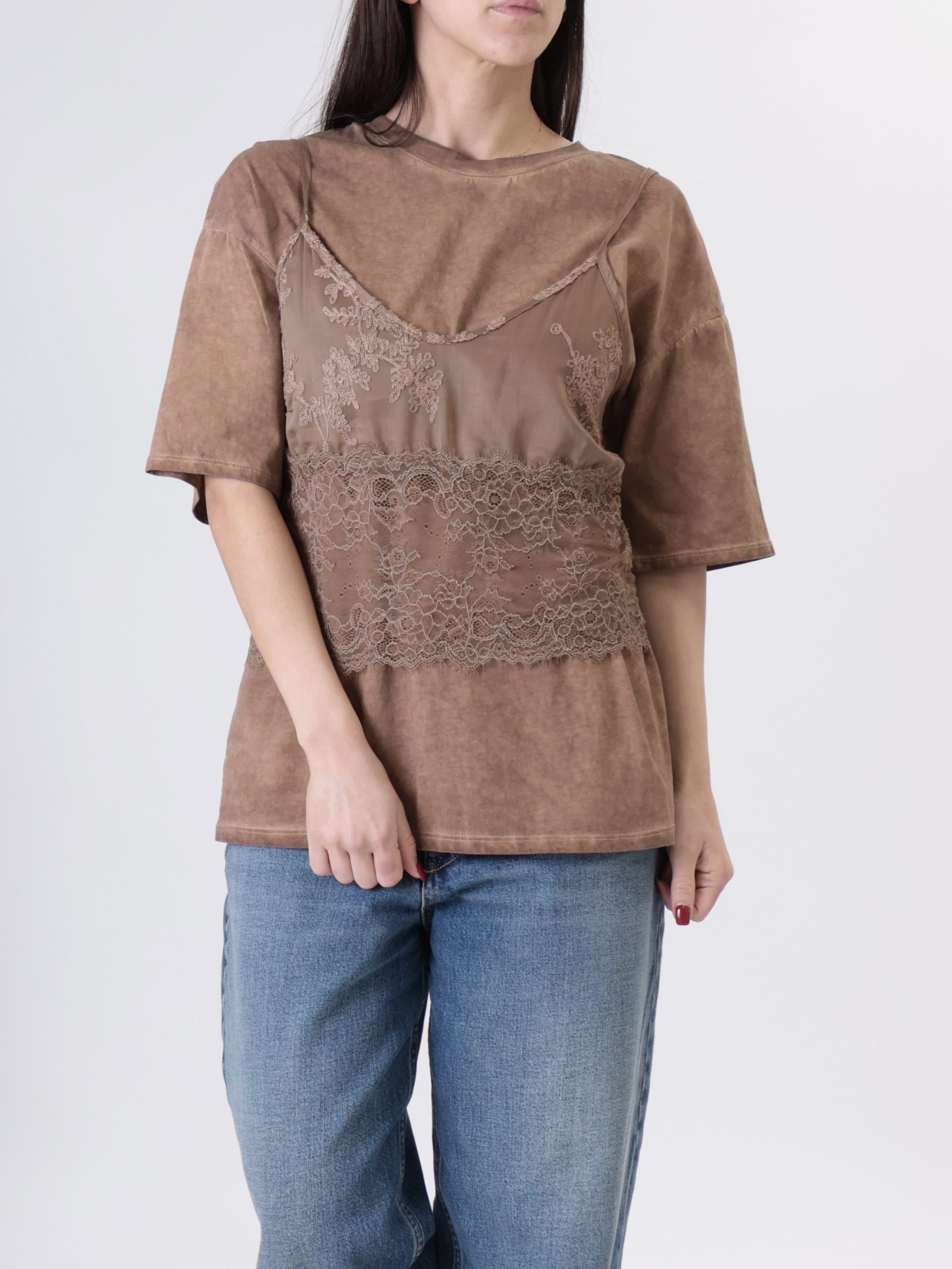 T-Shirt con pizzo marrone