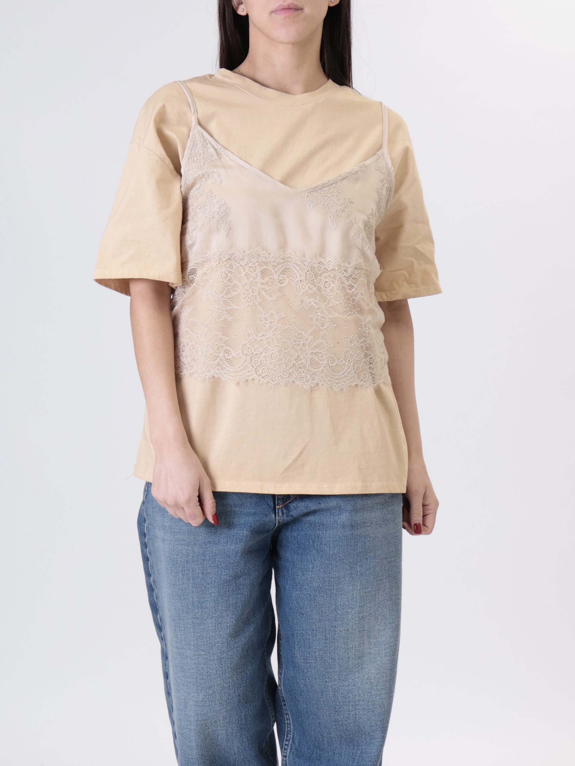 T-Shirt con pizzo beige