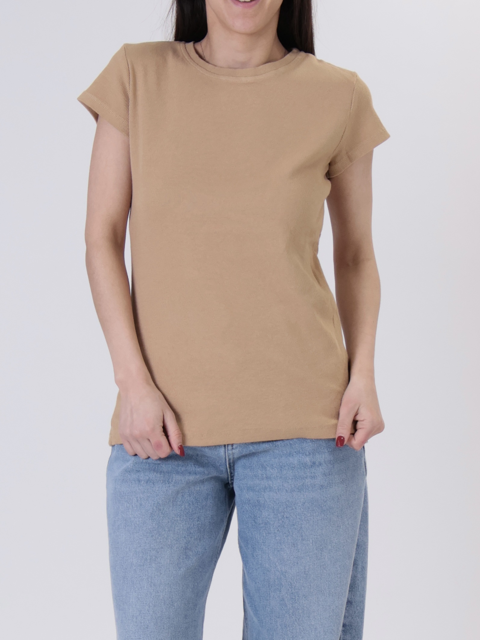Maglia girocollo costina m/corta beige
