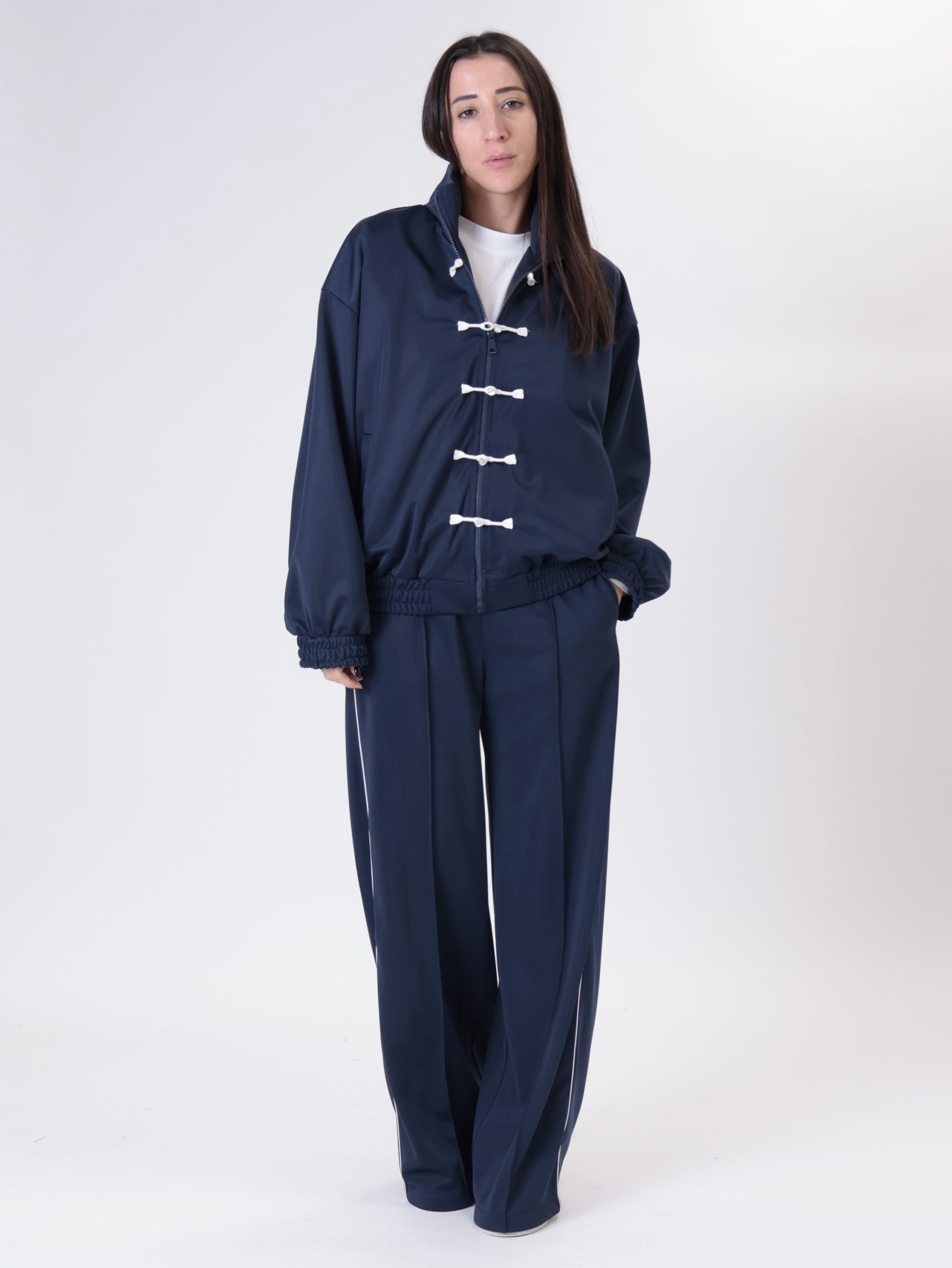 Pantalone blu riga laterale bianca