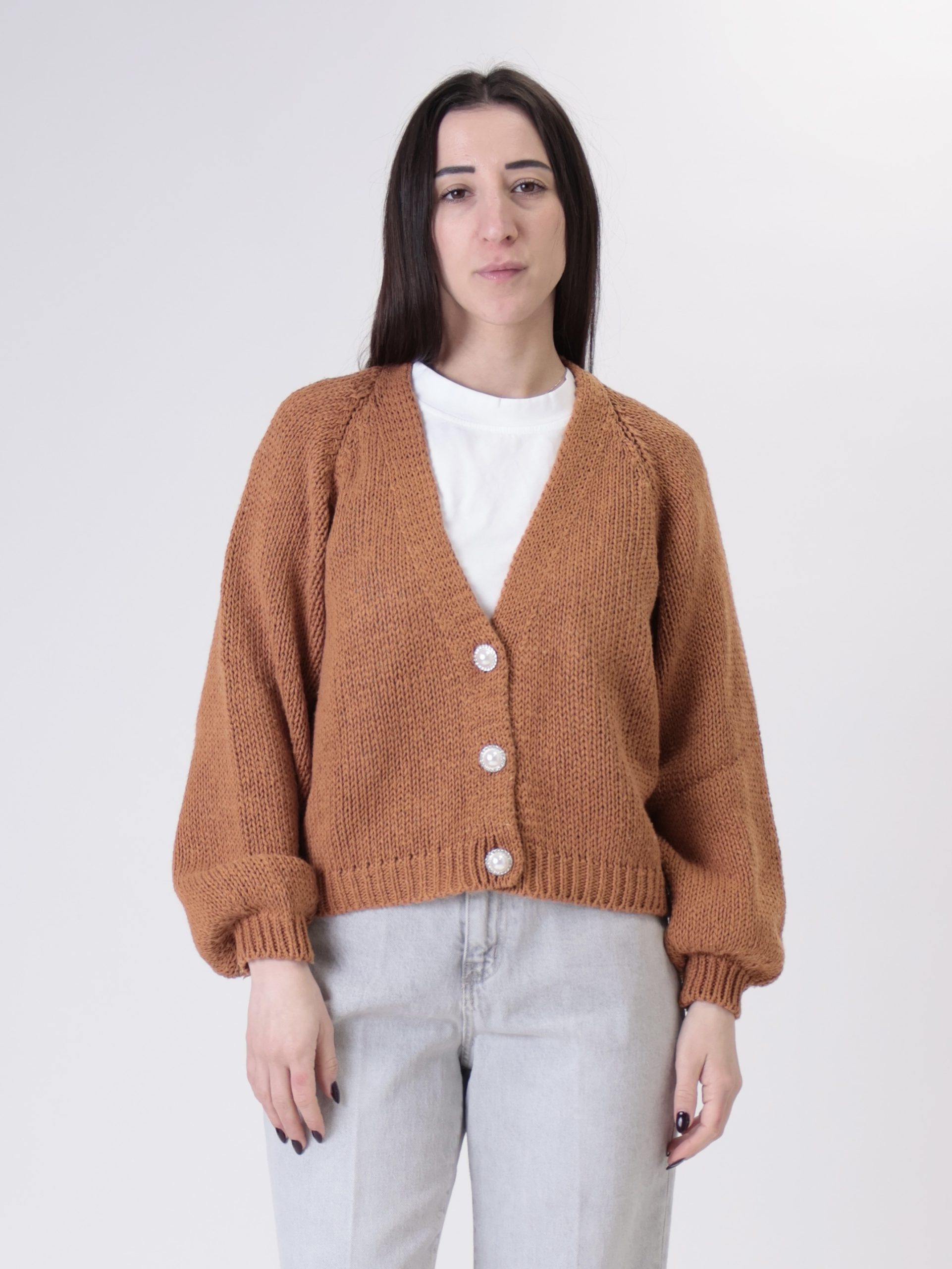 Cardigan bottoni gioiello tabacco