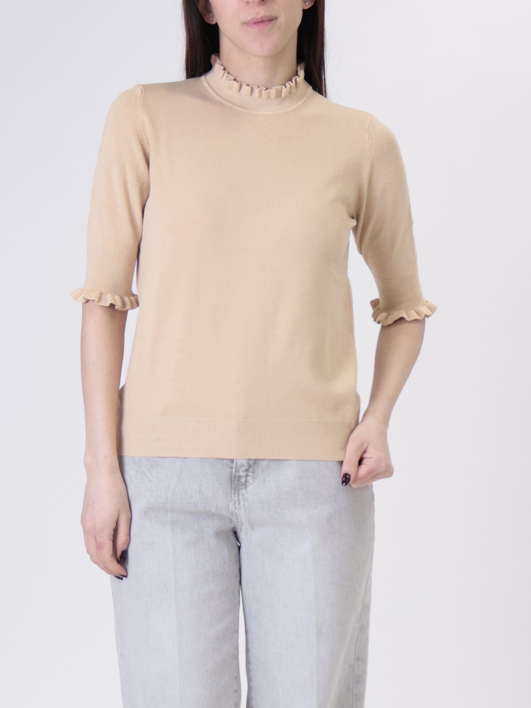Maglia rouches mezza manica beige