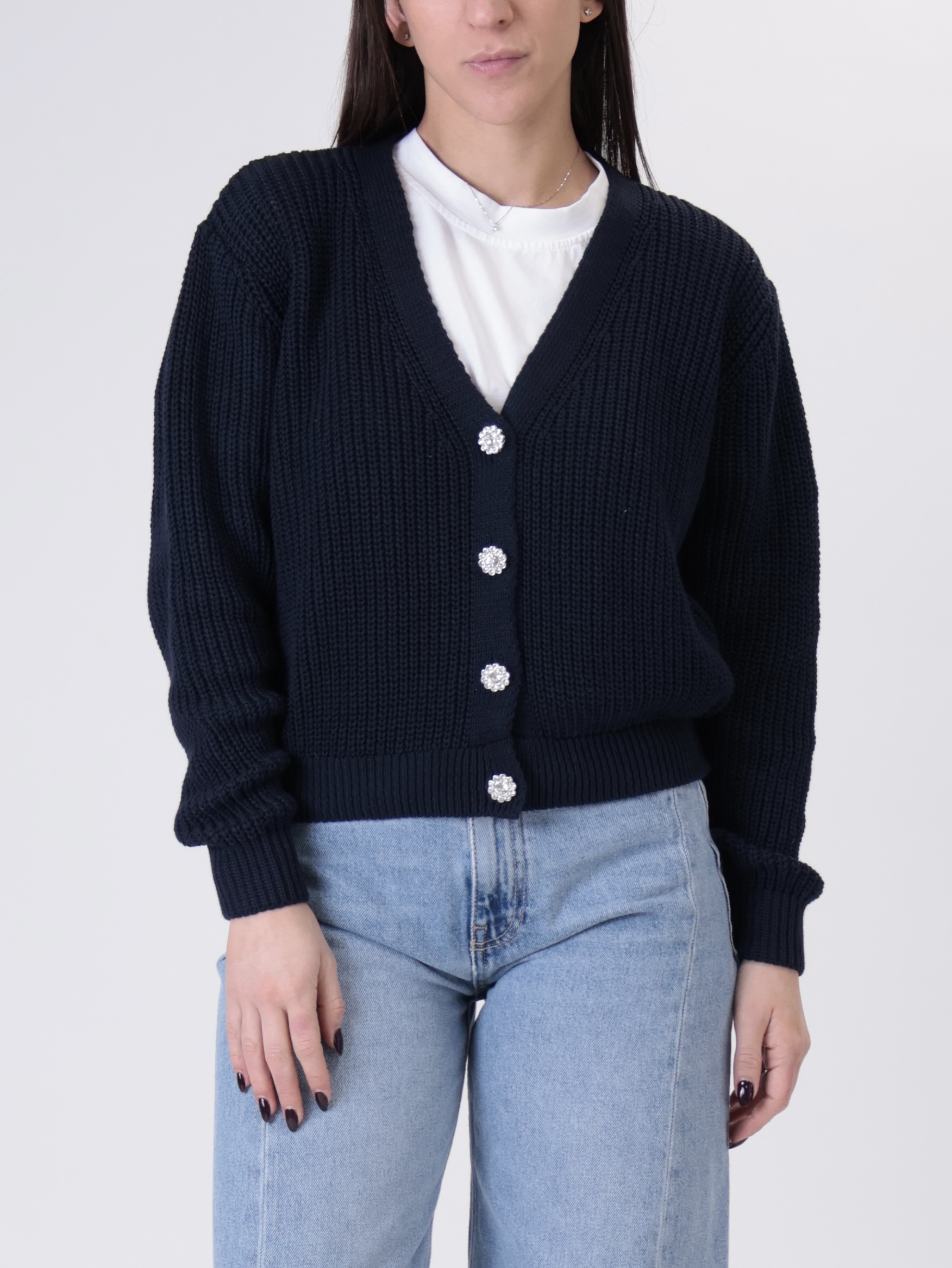 Cardigan bottoni fiore gioiello blu