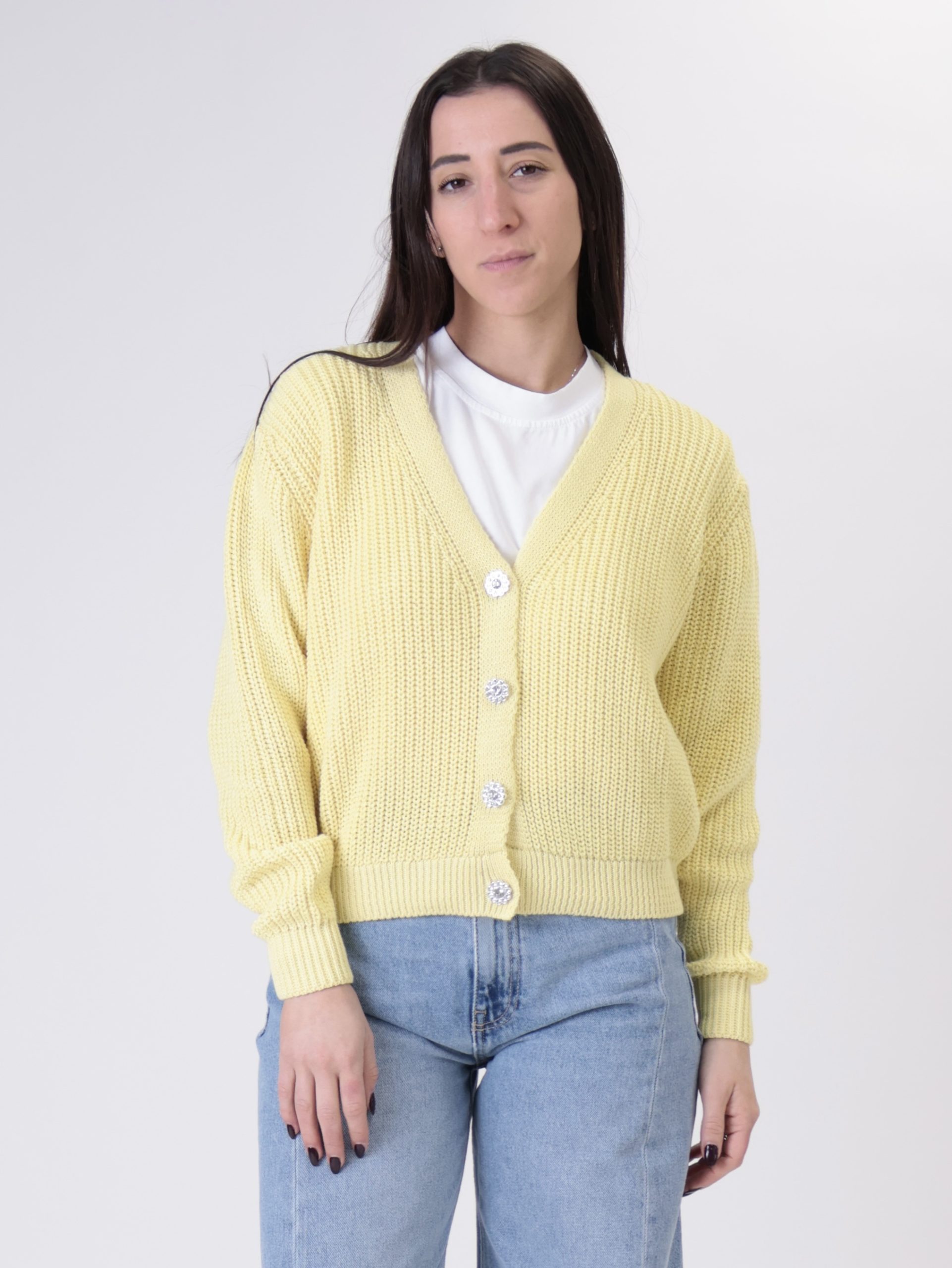 Cardigan bottoni fiore gioiello giallo