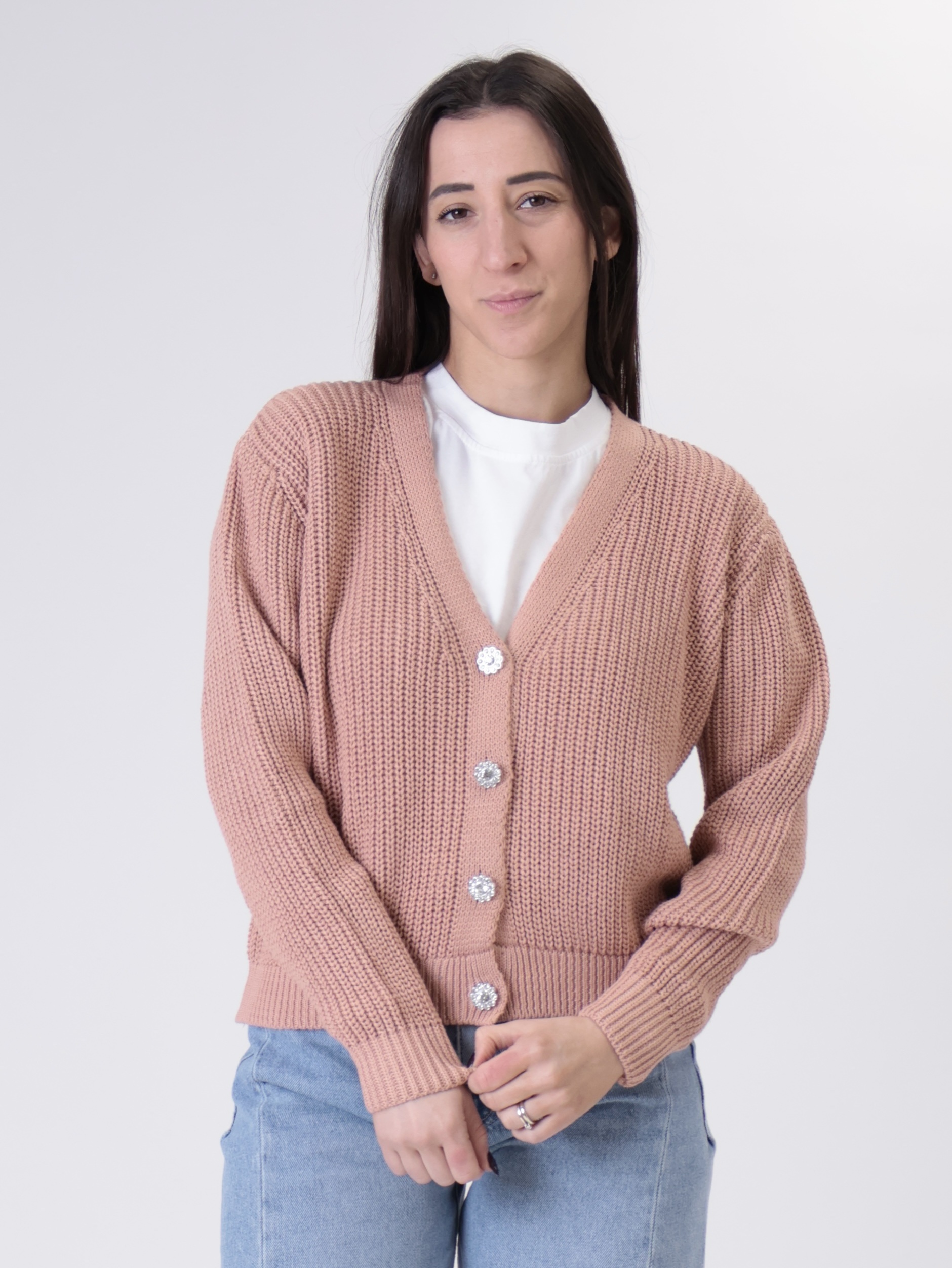 Cardigan bottoni fiore gioiello rosa