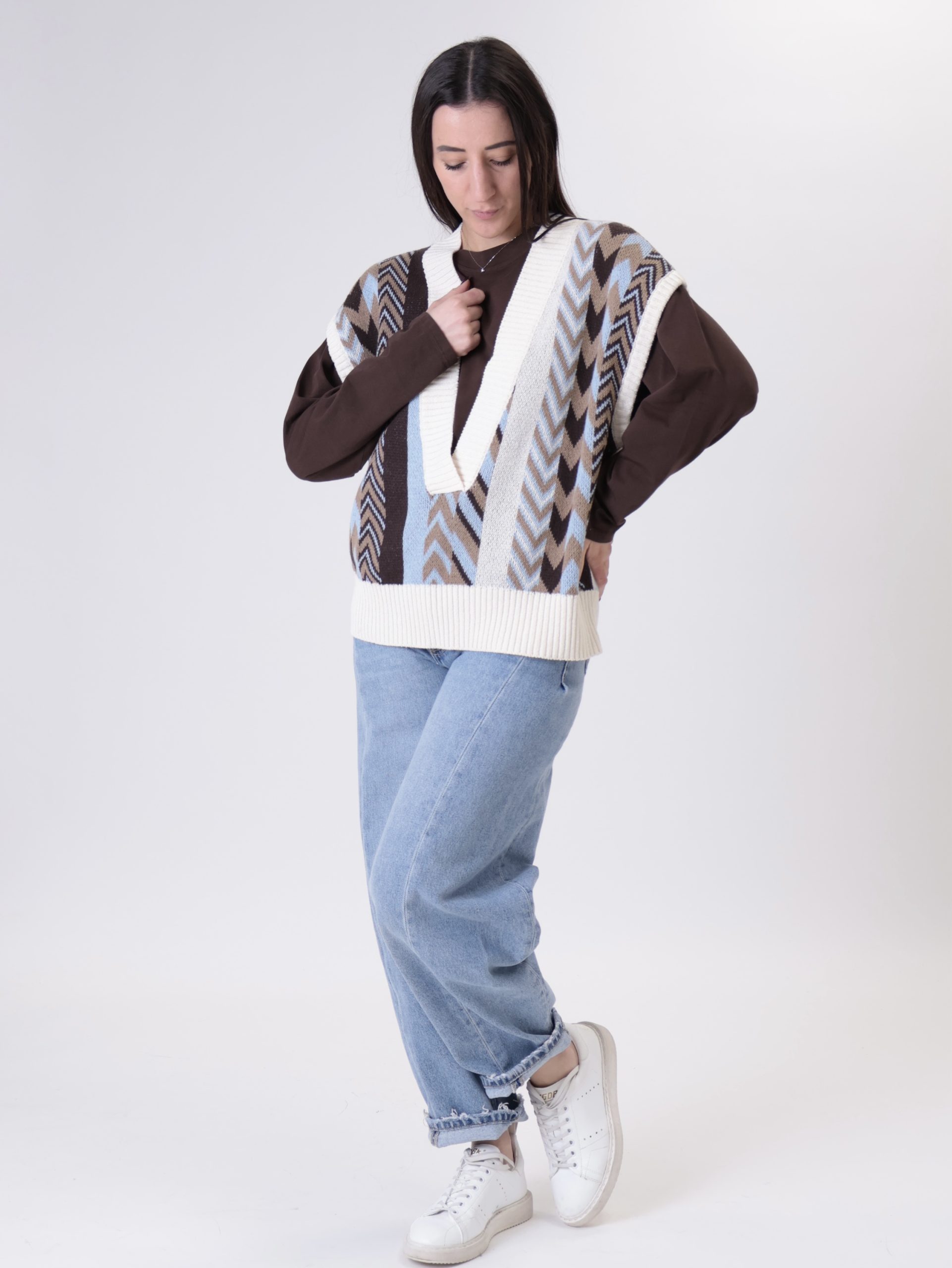 Gilet scollo V jacquard moro/celeste